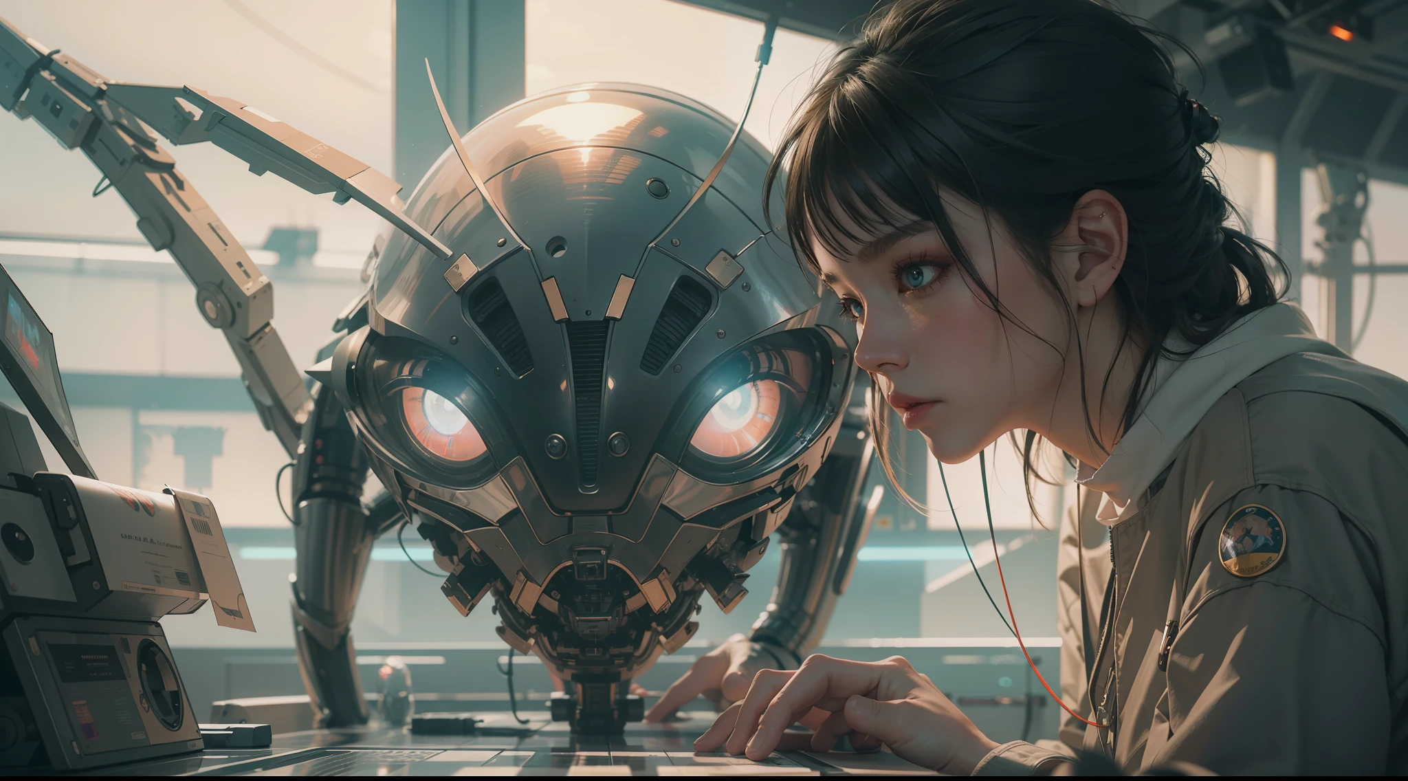 (best qualtiy,ultra - detailed,Best Illustration,Best shadow,masterpiece,A high resolution,professionalartwork,famous artwork),sci-fi,It depicts a young couple wearing colored sclera and a huge alien big cute with robot eyes, by Makoto Shinkai,by Artgerm,by wlop,by Greg Rutkowski,Volumetric lighting,octane render,4K,Trending on ArtStation,masterpiece