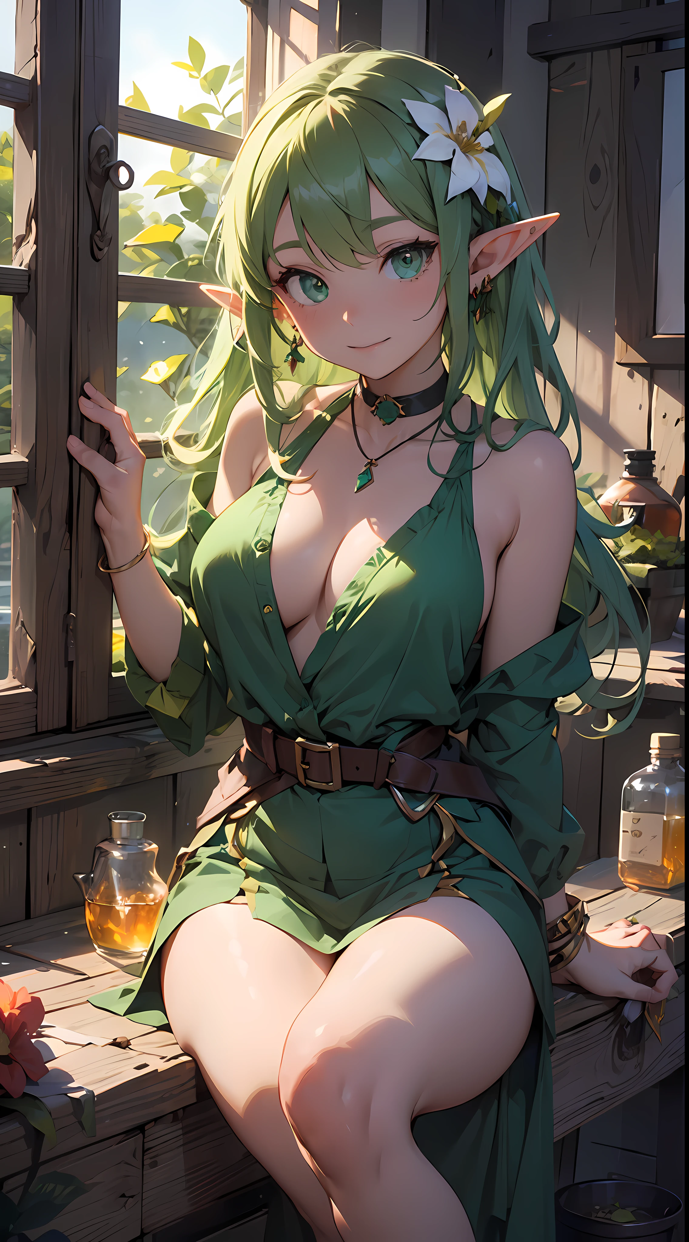 masterpiece, top quality, best quality, official art, beautiful and aesthetic, animation ,(one elf:1.2), beautiful facial features, beautiful green eyes, very long green hair, pointy ears, (green elf clothes:1.2), green elf foot rings, green elf bracelet, green elf earrings, flower hair ornament, flower necklace, （very less clothes）, bare shoulders, big breast, smile, gentle, looking at viewer, window, potion, (herbal liquid:1.1), forest background, grass, flowers, (indoor:1.1), herb-medicine, medicine bottle, bright, day, （facial lighting）