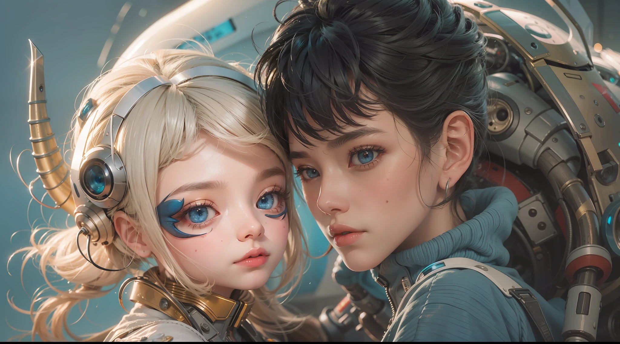 （best qualtiy，ultra - detailed，Best Illustration，Best shadow，masterpiece，A high resolution，professionalartwork，famous artwork），sci-fi，It depicts a young couple wearing colored sclera and a huge alien big cute with robot eyes， by Makoto Shinkai，by Artgerm，by wlop，by Greg Rutkowski，Volumetric lighting，octane render，4K，Trending on ArtStation，masterpiece