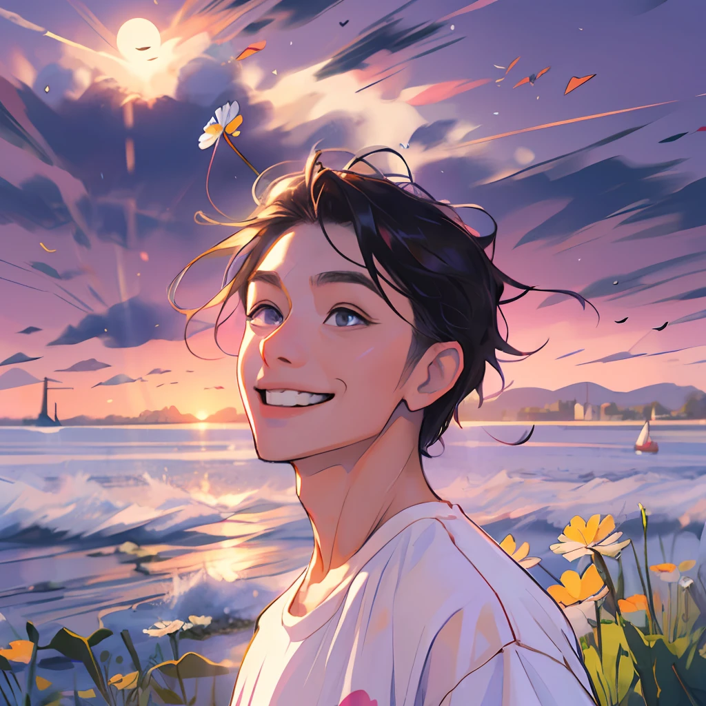 A boy with,Handsome and cute,with short black hair,Wearing a white T-shirt,There is a small daisy print on the clothes,smiling and looking into the camera。The sunlight shines on his face,he stands by the sea,The hair is blown by the wind,The background is a pink-purple sky。Please draw this scene in Miyazaki's style。