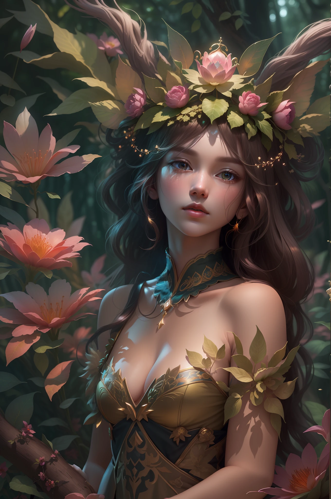 (extremely detailed CG unity 8k wallpaper,masterpiece, best quality, ultra-detailed), (best illumination, best shadow, an extremely delicate and beautiful), Floating in the forest, Highly saturated scene, A gorgeous image of a forest princess。