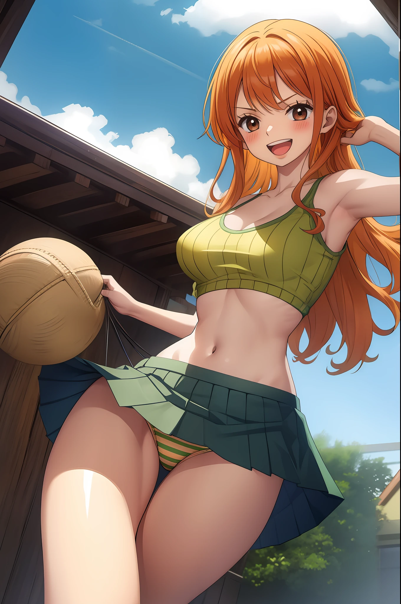 Yellow-green panties, Striped cotton panties, Navel, ribbed, Tank tops, Brown eyes、Navy pleated skirt, Orange hair, Long, Skirt wavy hair panties, groin, masutepiece, 8K, frombelow, Jumping, thighs thighs thighs thighs, Armpit, Smile, Open mouth, :D, front tooth, blush, 1girl in