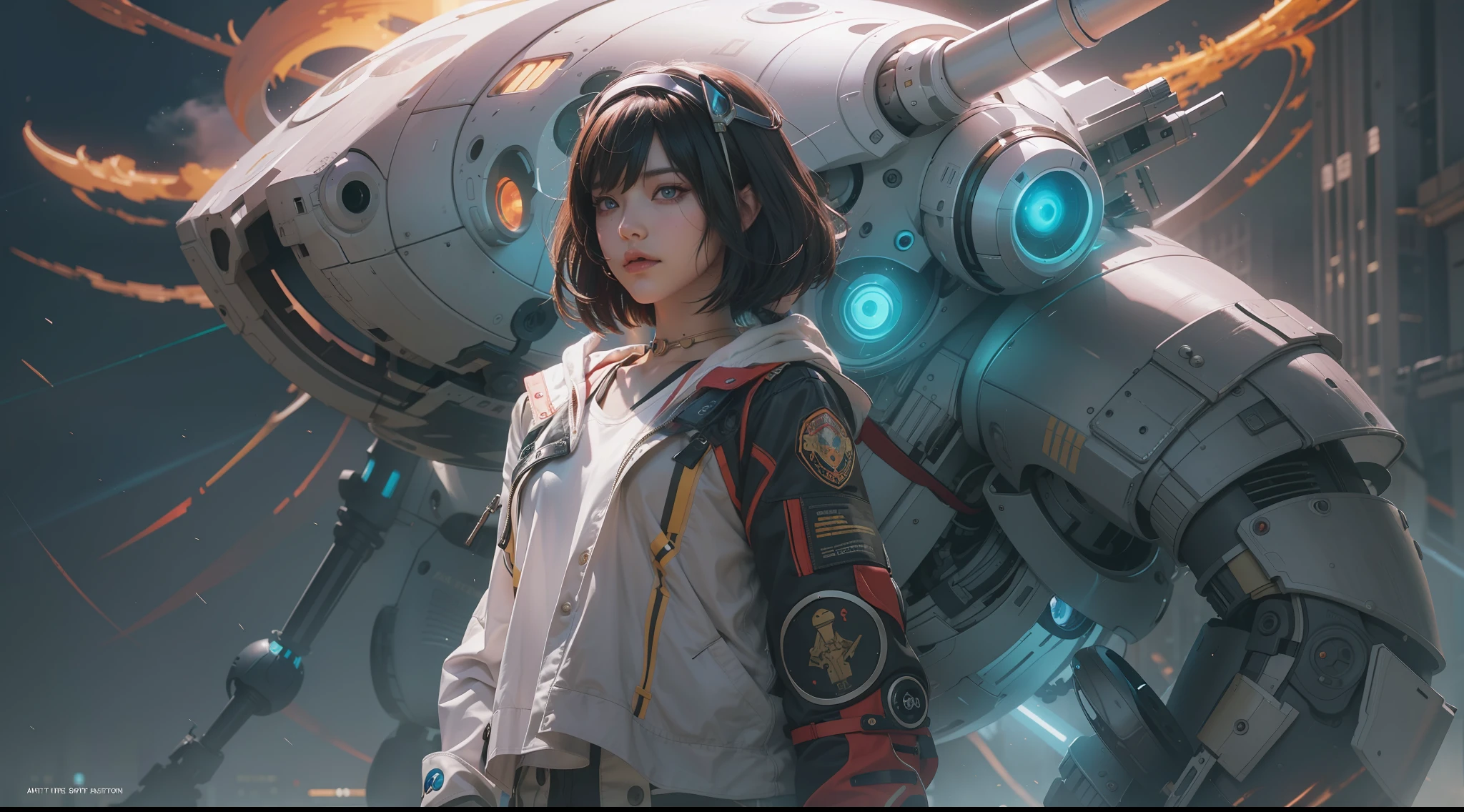 (best qualtiy,ultra - detailed,Best Illustration,Best shadow,masterpiece,A high resolution,professionalartwork,famous artwork),sci-fi,It depicts a young couple wearing colored sclera and a huge alien big cute with robot eyes, by Makoto Shinkai,by Artgerm,by wlop,by Greg Rutkowski,Volumetric lighting,octane render,4K,Trending on ArtStation,masterpiece