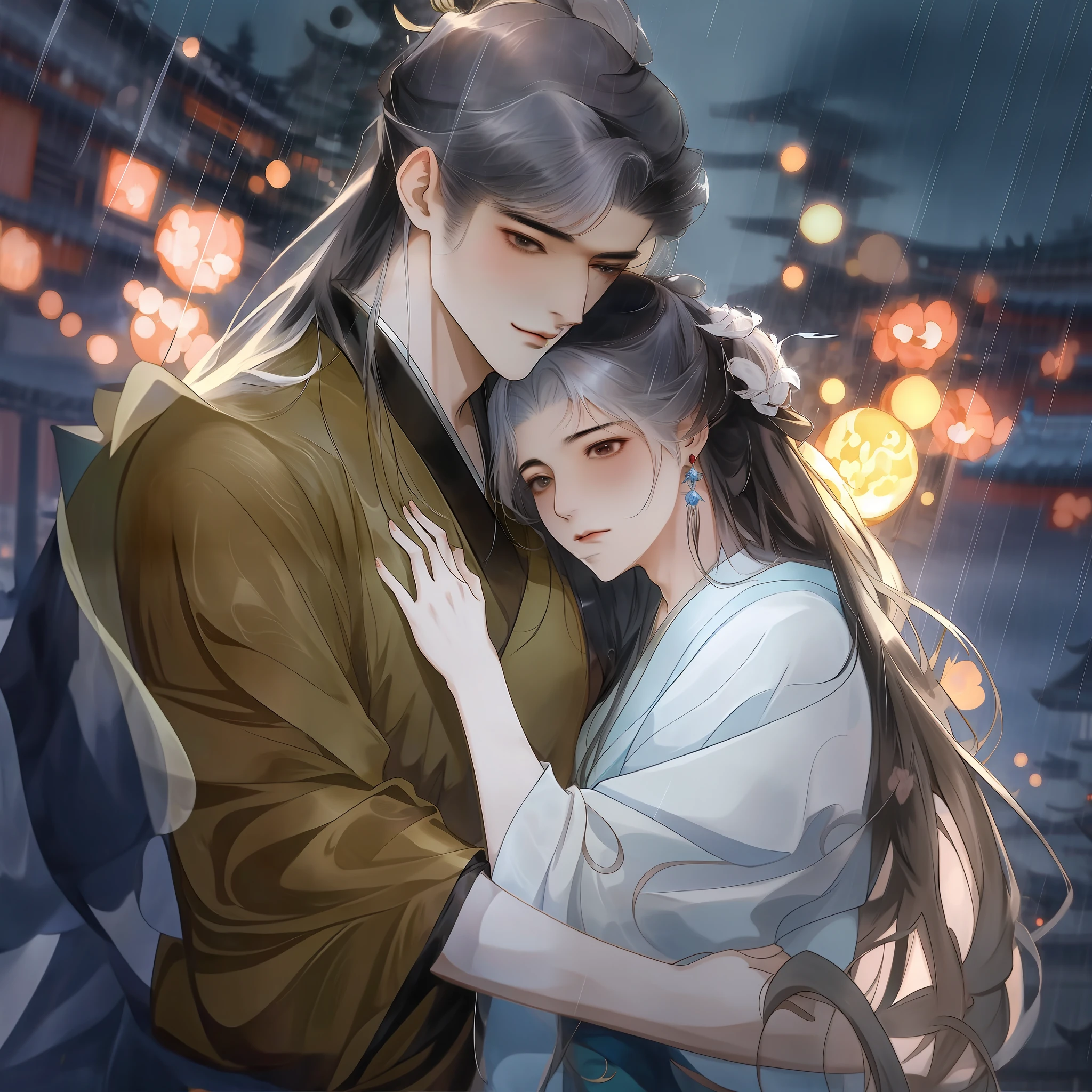 Anime couple hugging in city rain at night, by Yang J, flowing hair and long robes, WLOP and Sakimichan, Guviz-style artwork, in the art style of bowater, Inspired by Zhang Han, Ruan Jia and Artgerm, By Li Song, heise jinyao, cute couple