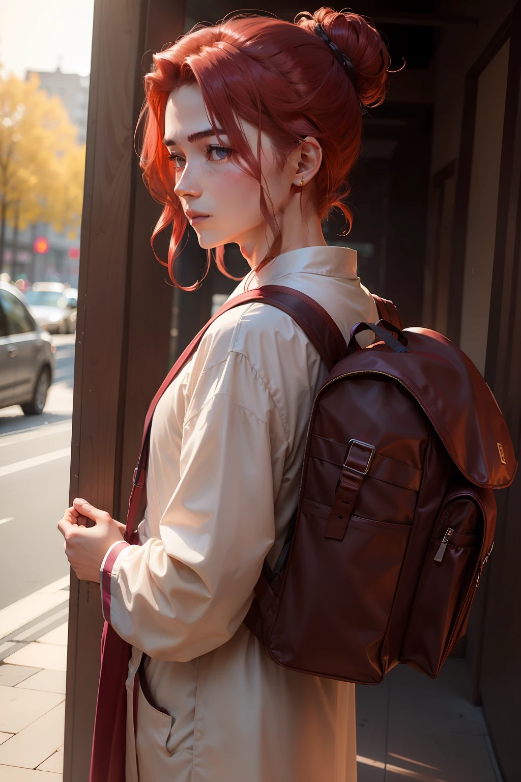 A sunny young man with light burgundy hair，Hair is long，Tie your hair in a bun，Dressed in robes。Carry your backpack