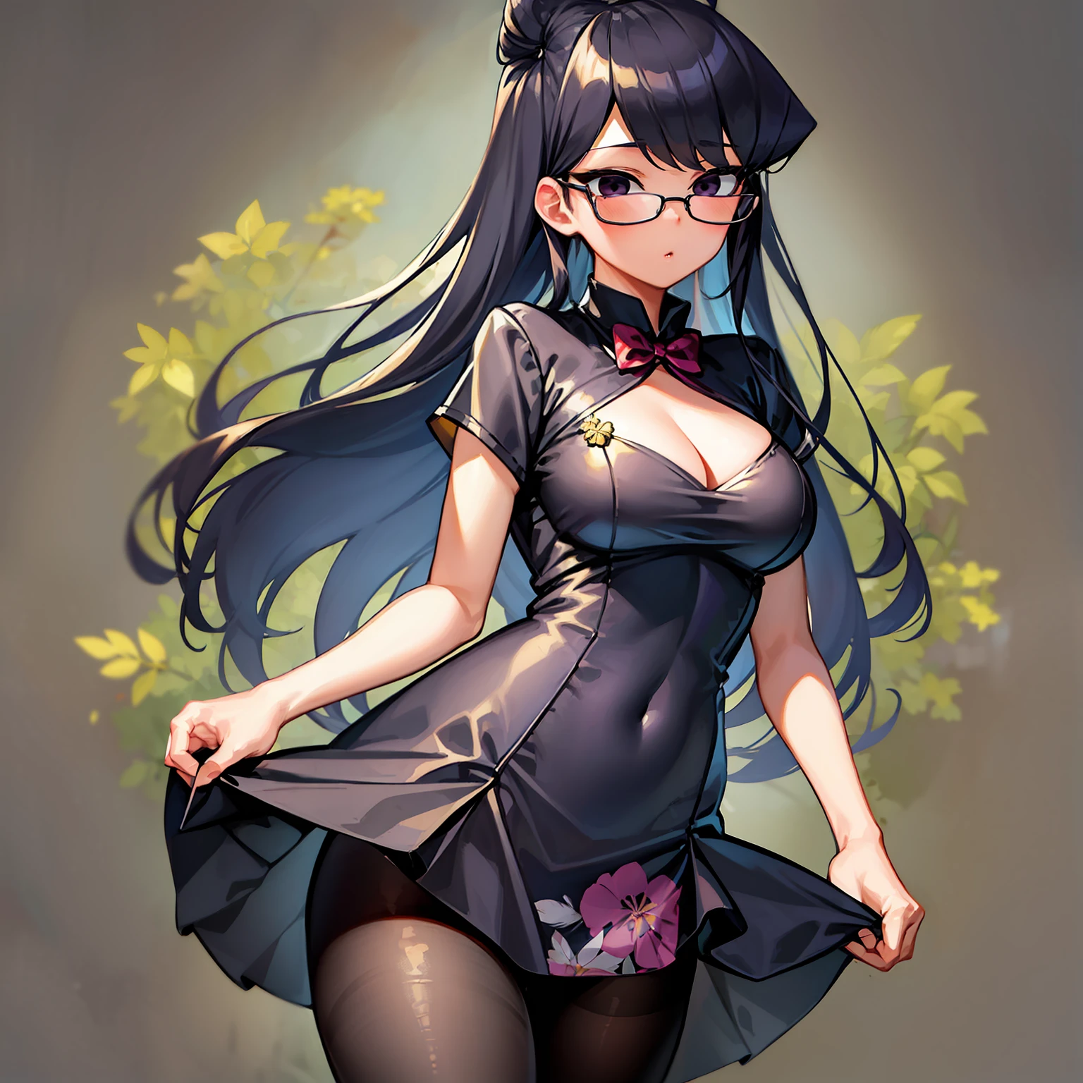 ((komi shouko)), 1girl, adjusting eyewear, alternate costume, bangs, black hair, black pantyhose, blue dress, breasts, china dress, chinese clothes, cleavage, cleavage cutout, clothing cutout, dress, ebi 0217, feather boa, floral print, glasses, grey background, hair bun, highres, komi-san wa komyushou desu, long hair, looking at viewer, medium breasts, pantyhose, parted lips, pelvic curtain, print dress, purple eyes, short sleeves, simple background, solo, swept bangs, twitter username, upper body, yellow-framed eyewear,