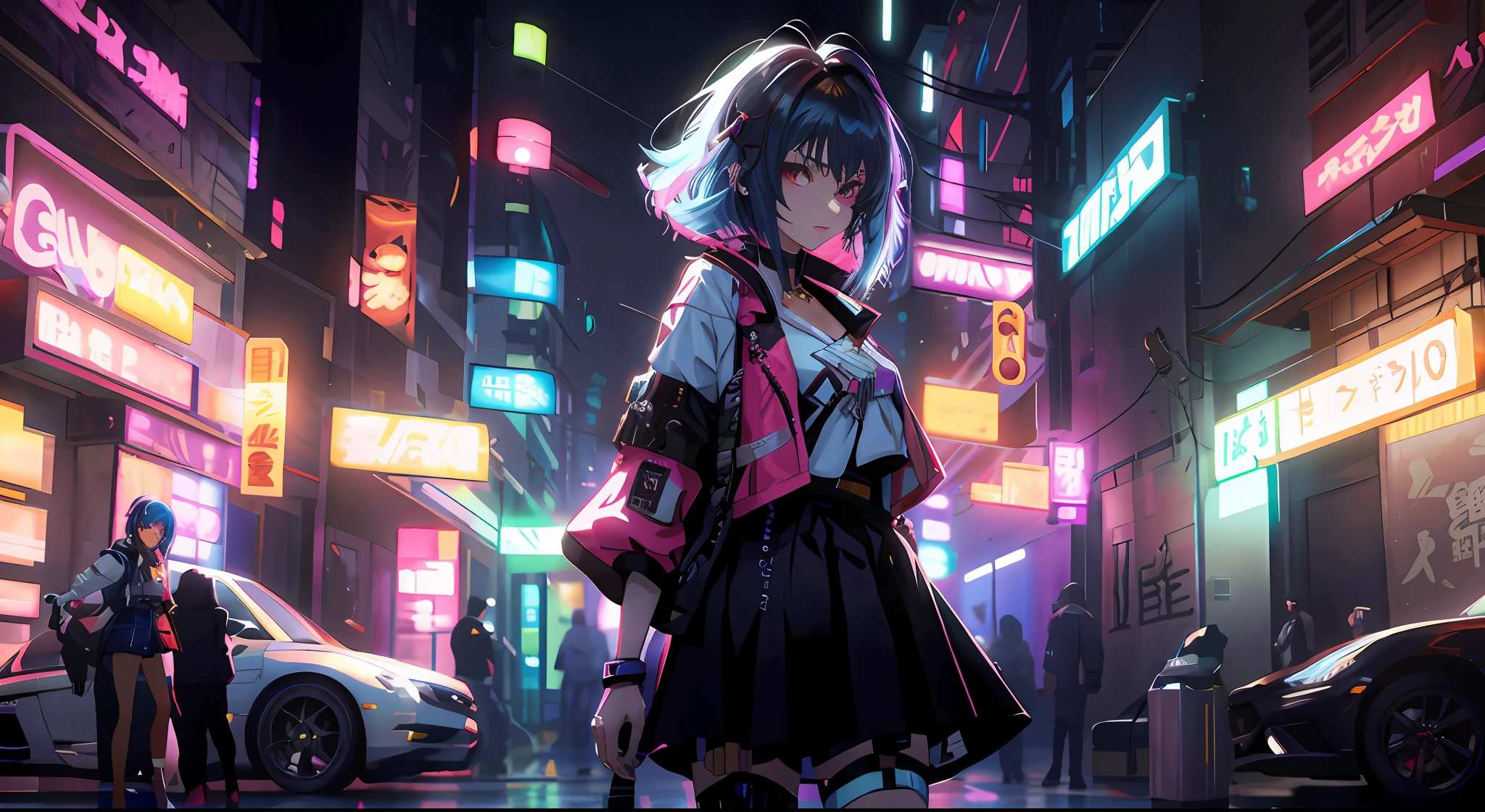 Anime girl in short skirt standing in the city at night, Digital cyberpunk anime art, style of anime4 K, cyberpunk anime girl, anime cyberpunk art, cyberpunk anime art, digitl cyberpunk - anime art, Anime style. 8K, Cyberpunk vibe, female cyberpunk anime girl, Cyberpunk art style, Anime art wallpaper 8 K, at cyberpunk city, Anime wallpaper 4K