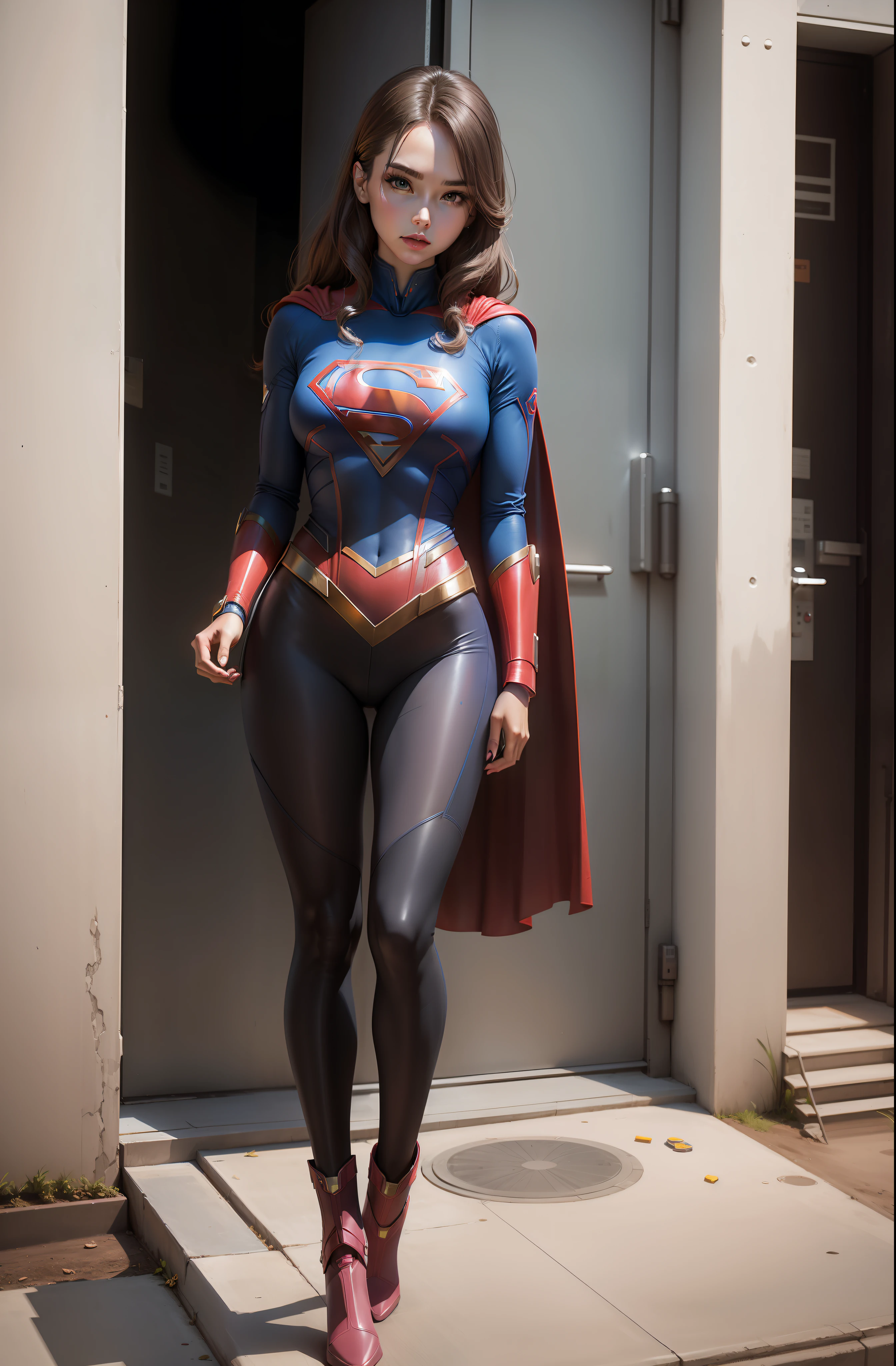Sci-fi Supergirl,Delicate skin,Barbie face,Height 165cm,Stand in front of the building,Nylon material for clothes,The clothes are fancy,largeeyes