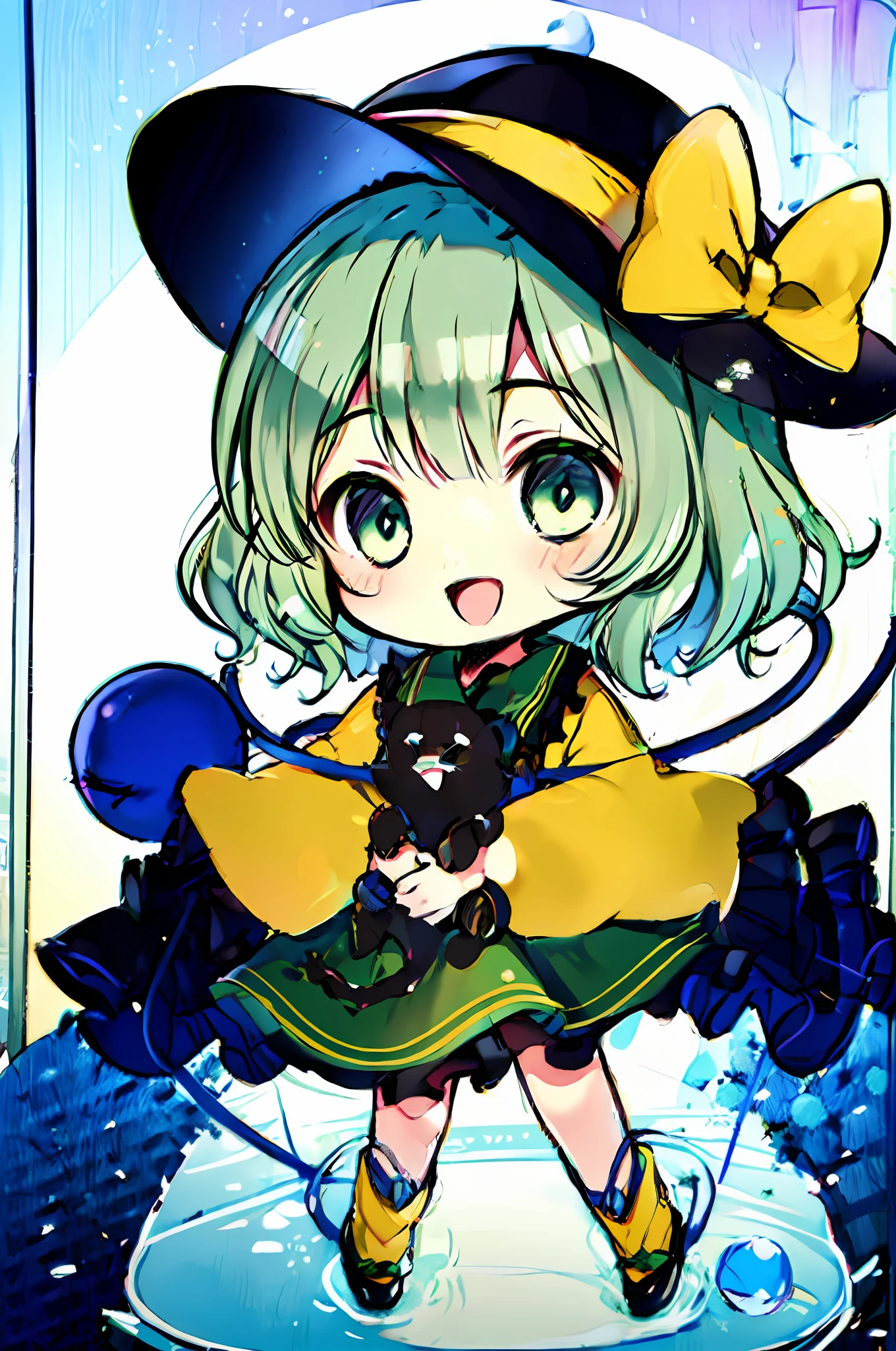 1 girl in、((komeiji koishi))、Light Green Bob Cut、Black hat with yellow ribbon、Black cat、((Holding a black cat))、Holding a cat、kawaii、Smile with open mouth、Chibi、Chibi Chara、(High resolution of the highest quality)、((masterpiece best quality:1.2)), [[broken face]], [[Fused fingers]], [[malformed hand]], [[[[multiple limbs]]]]