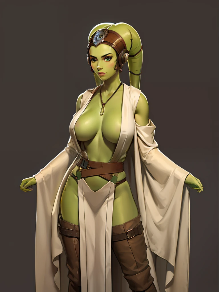 (((modest))), (best quality, masterpiece, highly detailed), 1girl, (green skin), sexy Twi'lek, large breasts, Jedi, dark brown robes, Jedi robes, beige tunic, loose trousers, long boots, brown cloth, buckles, straps, Star Wars, lekku markings