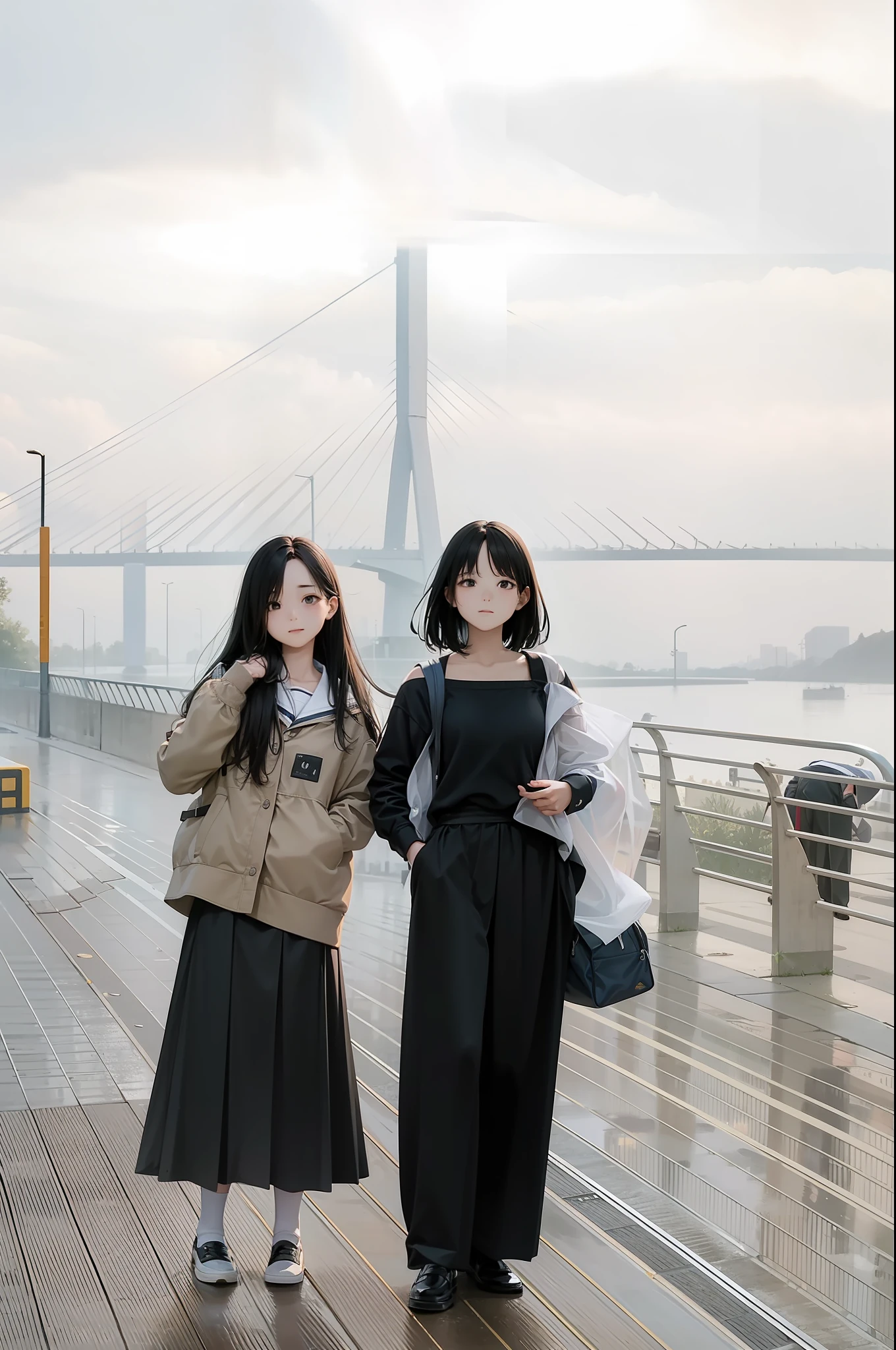 a female and a male, they are two students, wearing school uniform, lonely, rainny, around school, trees are beside the road, poddle of water reflectiing these two people, reflecting, a rainbow is on the sky, polar opposites, symmetry, panorama, perspective, ray tracing, reflection light, depth of field, close-up, masterpiece, best quality, high details, high quality, textured skin, ccurate, UHD, HD