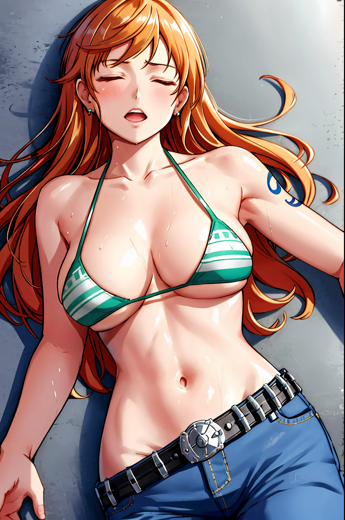 detailed background, masterpiece, 4k, epic, best quality, late youth, adult, milf, athlete body, 1girl, active, energic, ((wide open mouth, lying on the ground, fully lying down, sleeping, knocked out, closed eyes, hands spread sideway)) , solo, nami \(one piece\), 1girl, bangle, (very wet, drenched in sweat, sweat all over body, very missy hair, tired, open mouth, exhausted, screaming, sweaty face, sweaty body, bruises, injury, feeling hot, sweating too much, blushing, tilting head, shiny sweat, both hands spreadeagled, serious, hurt, glaring, closed eyes, looking up, perfect detailed face, round face, sweat on face) bold drawing lines, muscular arms, detailed bold arm lines, flat jaw, adult woman, wavy wide streaked bangs, floating bang, (big cheeks), bare shoulders, off-shoulders, belt, bikini, bikini top only, blue sky, bracelet, springy breasts, breast lines, big round eyes, very big brown shiny eyes, bubbles, high eye position, cleavage, cloud, day, denim, earrings, floating hair, shiny hair, green belt, green bikini, bold groin lines, jeans, jewelry, medium breasts, log pose, long hair, looking at viewer, long navel, wet hair, orange hair, pants, shoulder tattoo, sidelocks, sky, solo, stomach, swimsuit, tattoo, detailed left arm, big forehead, hourglass figure, small head, toned body, wide hair, wind effect, sun effect, under the sun, narrow small ears angle, older, straight shot,