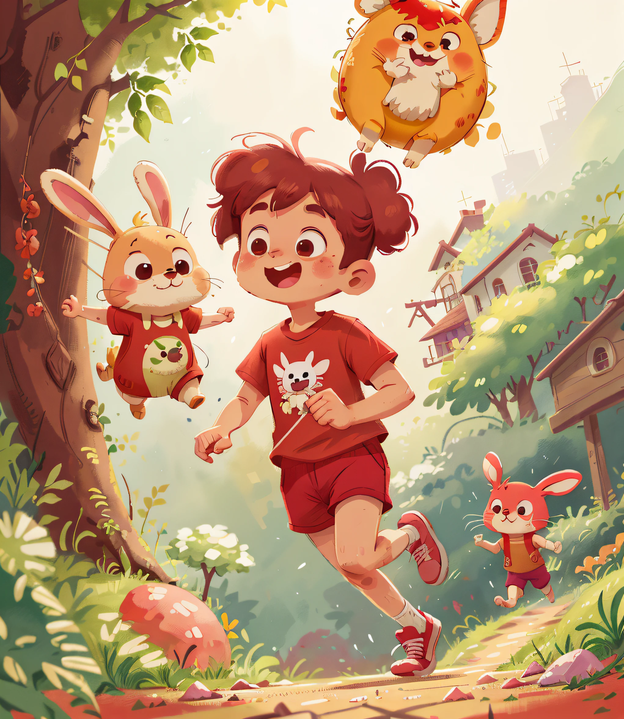 Watercolour. the rabbit wears a red shirtthe rabbit wears a red shirt, running at the jungle hill, very happy, perfect quality, (mess-house: 0.8), (masterpiece: 1.2) (Realistic: 1.2) (Bokeh) (Best quality) (Detailed skin: 1.3) (Intricate details) (8K) (Detail Eyes) (Sharp Focus), (Happy)