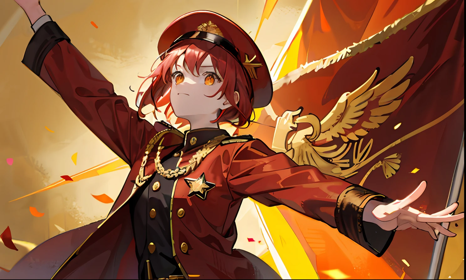 1girll, flag of Soviet Union,red tinted hair ,Golden eyes,Red army robe,Gold accent,boxer,divino,gold light,Domineering,Look up at the perspective