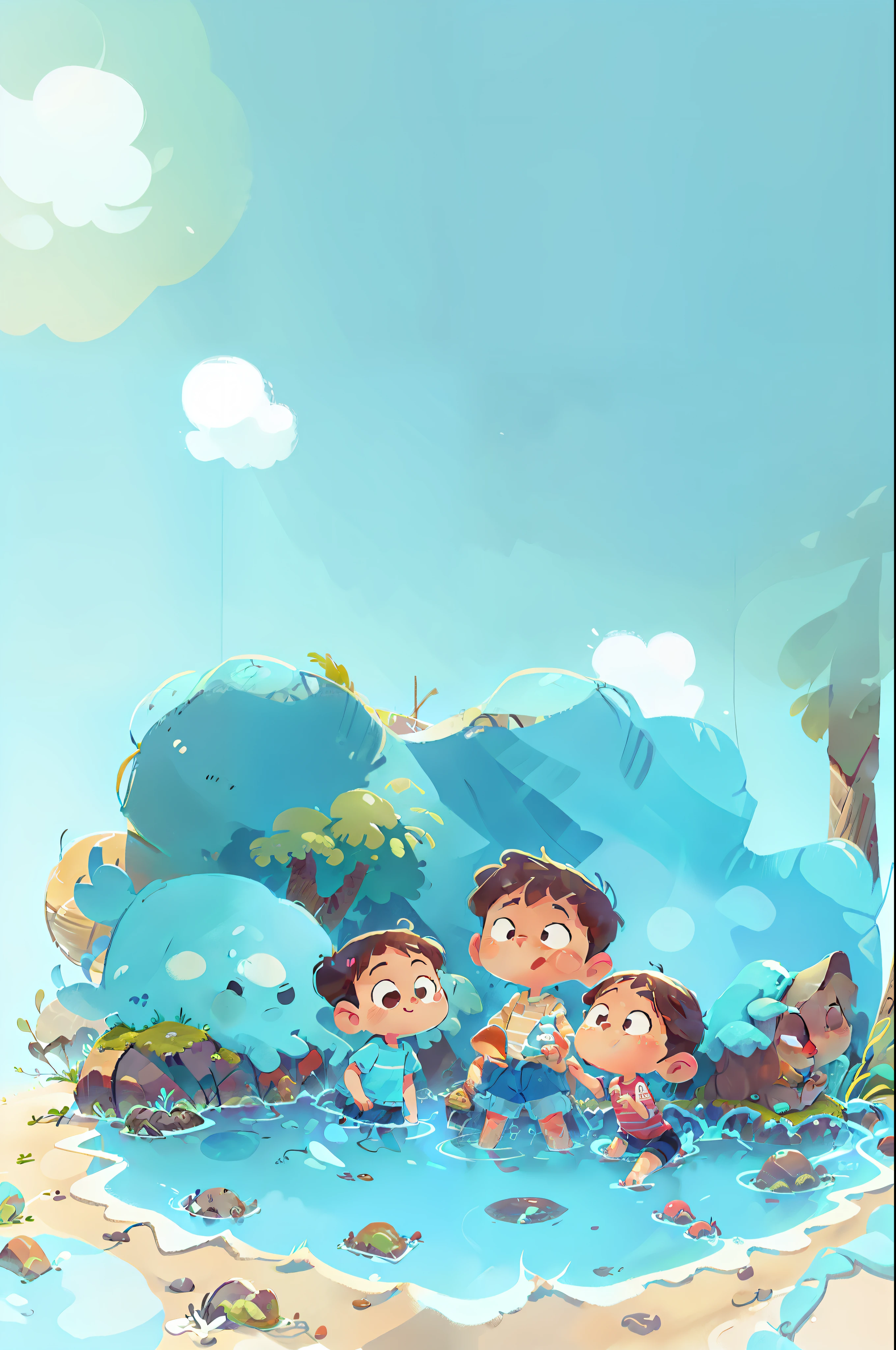 Cartoon cute and warm Poster Image of a family of three Blue base tone Happy hour Wide angle lens There is a beach by the sea The swimming ring is half tilted and buried in the sand