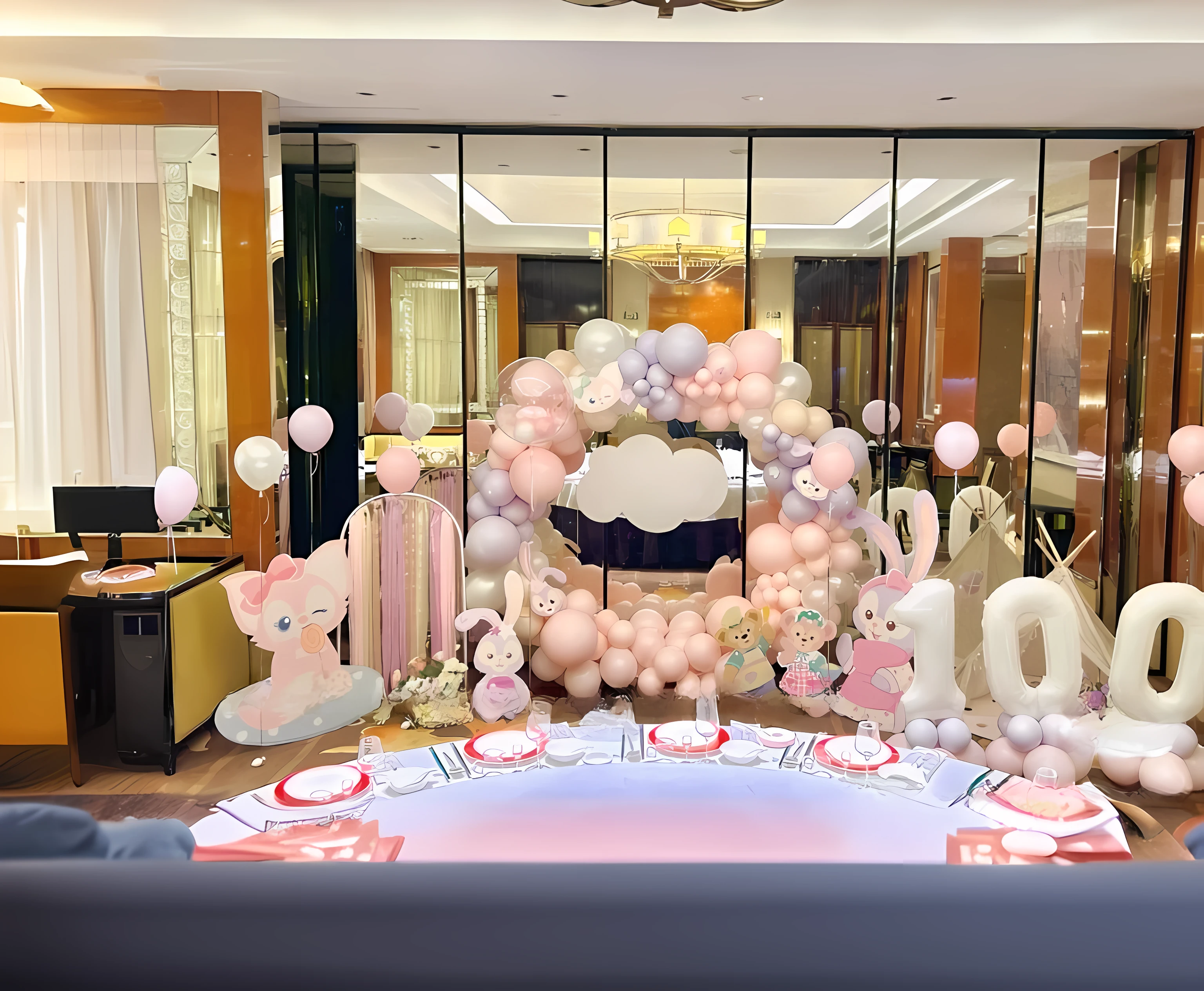 a birthday party installation was built,The cartoon painting panel serves as the background decoration,Simple,clean,concise,yet playful atmosphere,real,(realistic),super detailed,(full detail),an abstract distorted view of a slanted plate surrounded by water,in the style of light pink,minimalist stage designs,rounded torms,hazy,lee broom,Luminism,cinematic lighting,wide shot,retina,best quality,award winning,(masterpiece),(high quality),8k,barbie interior design,Plastic material,knolling