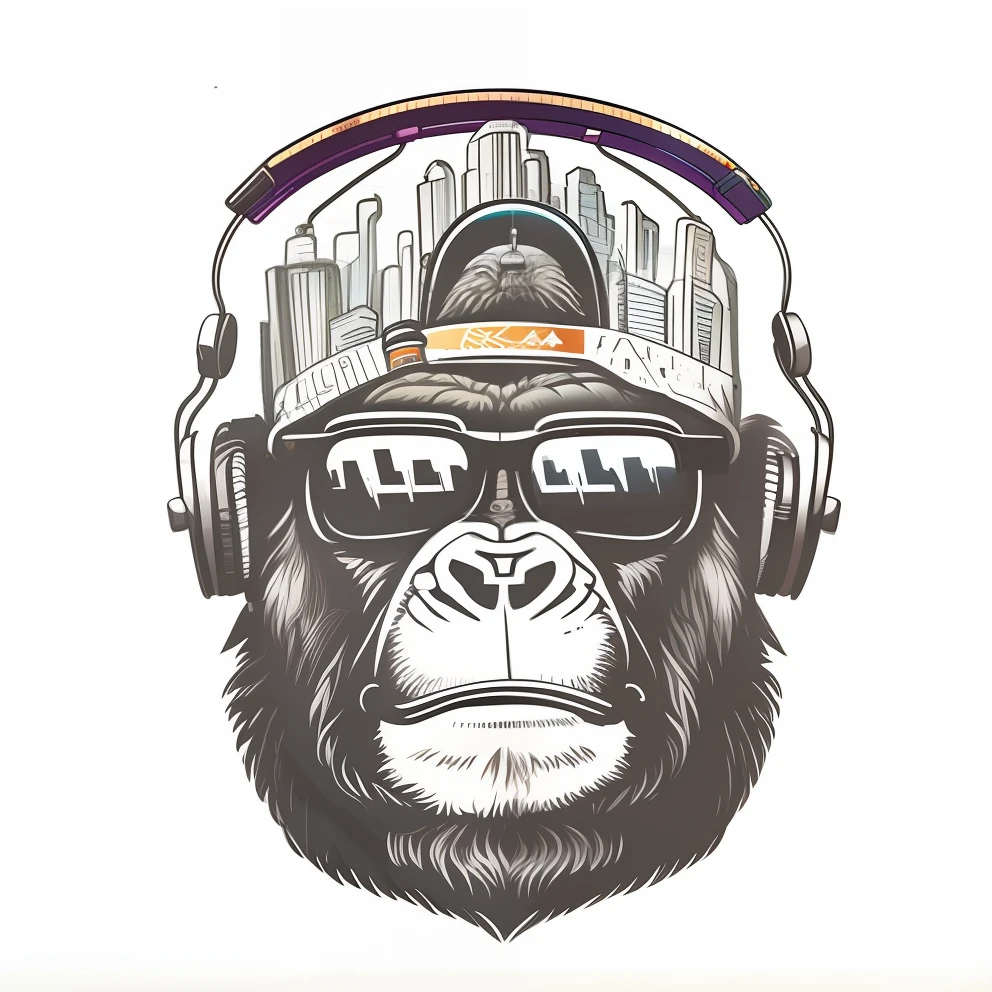 a close up of a gorilla wearing headphones and a helmet, bored ape nft, inspired by Alex Petruk APe, bored ape, like gorilla, high quality artwork, monkey, in style of primal apes, cool face, extremely high quality artwork, by Alex Petruk APe, bored ape yacht club, looking heckin cool and stylish, grumpy gorilla