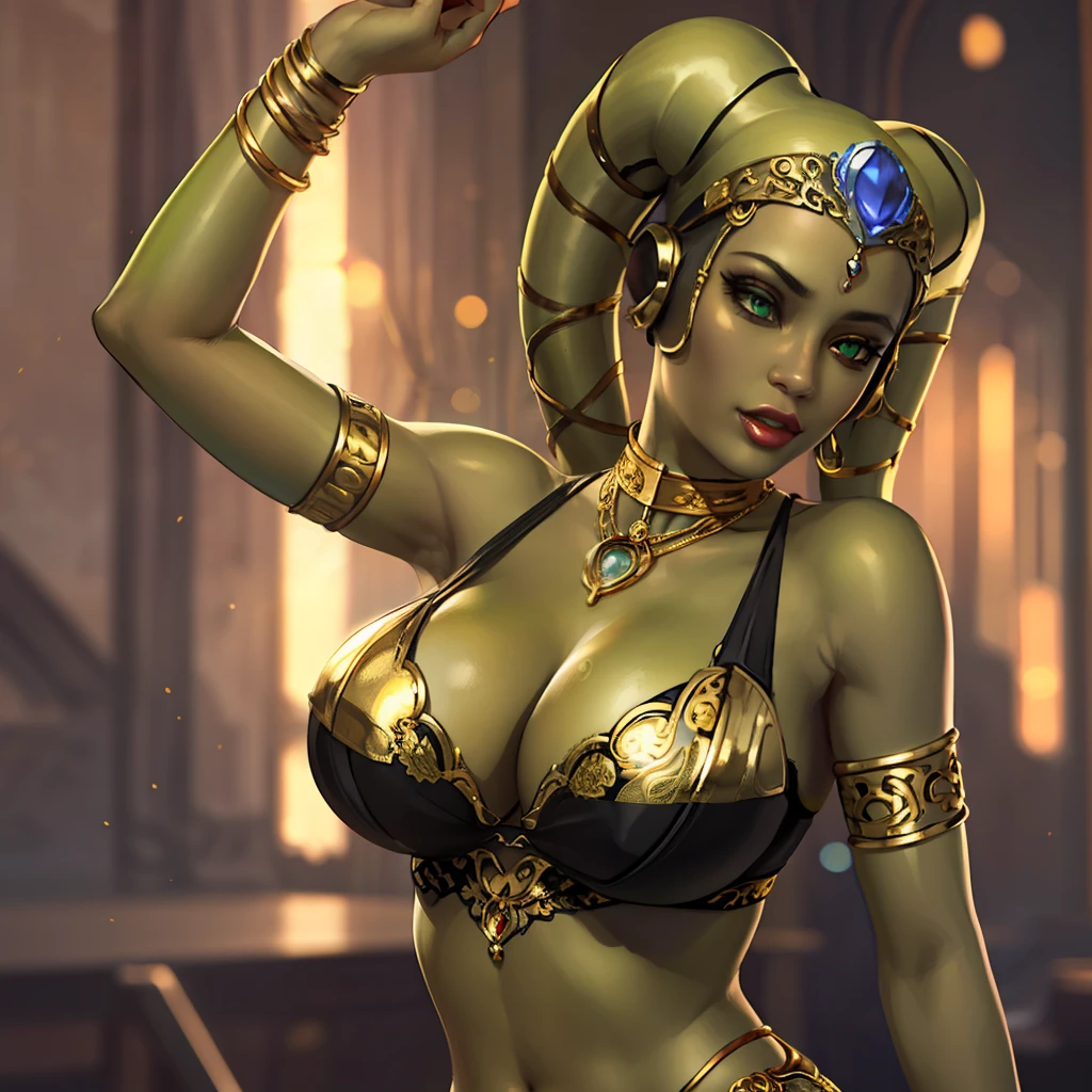(best quality, masterpiece, highly detailed), 1girl, (green skin), sexy busty Twi'lek, large breasts, cleavage, dancing, gold and black bikini, gold, ornate metal bra, metal lace, gemstones, jewelry, long skirts, armlets, pelvic curtain, Star Wars, lekku stripes
