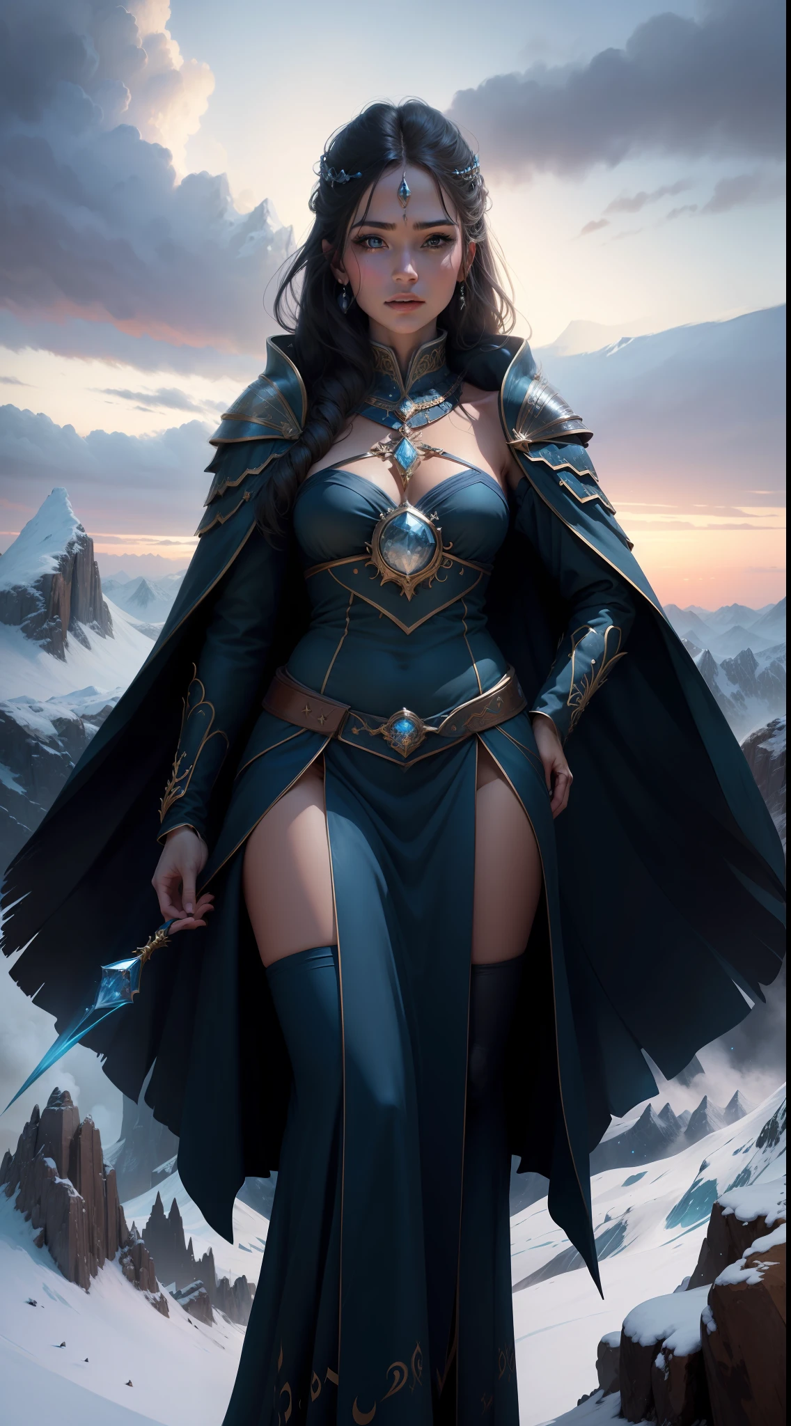 Beautiful sorcereress standing on a cold mountain looking at the sky , detailed face , mystical beauty, cosmic waves , high quality, beautiful face , highly detailed realistic face