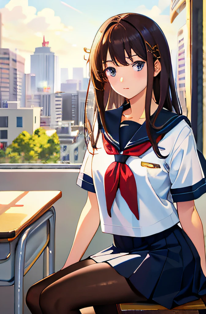 masterpiece, best quality, super detailed, illustration, colorful, falt color, depth of field, lens flare, 1girl, anime, sitting, brunette, looking at viewer, school, classroom, pleated miniskirt, school uniform, serafuku, black Pantyhose, detailed skin texture, detailed cloth texture, beautiful and detailed face,