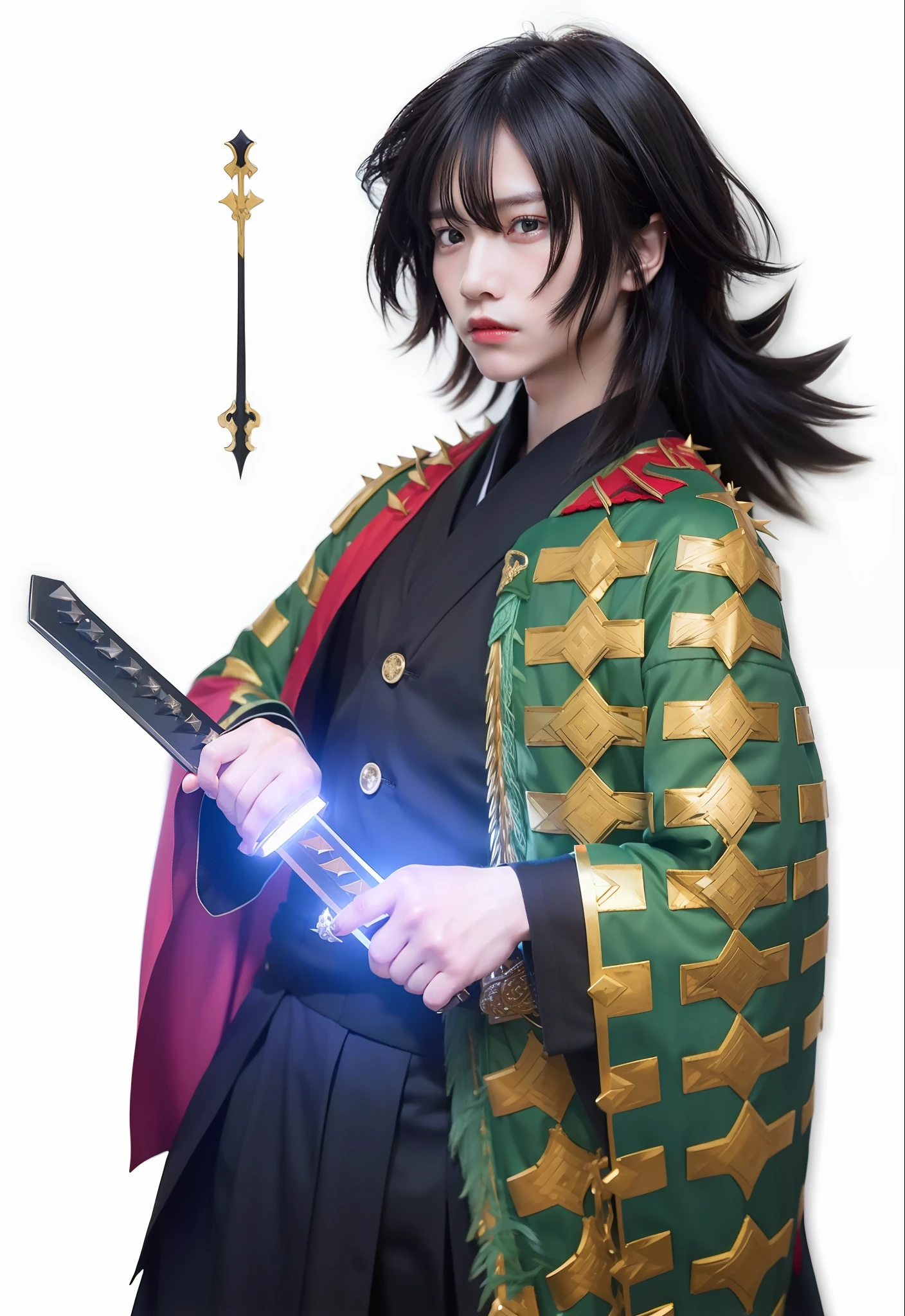 1boy,men face,handsome,long hair,black hair,spiky hair,no emotion,looking at camera,black uniform,haori,half yellow and green haori and half red,sword,holding sword,realistic,more detail,70 mm lens