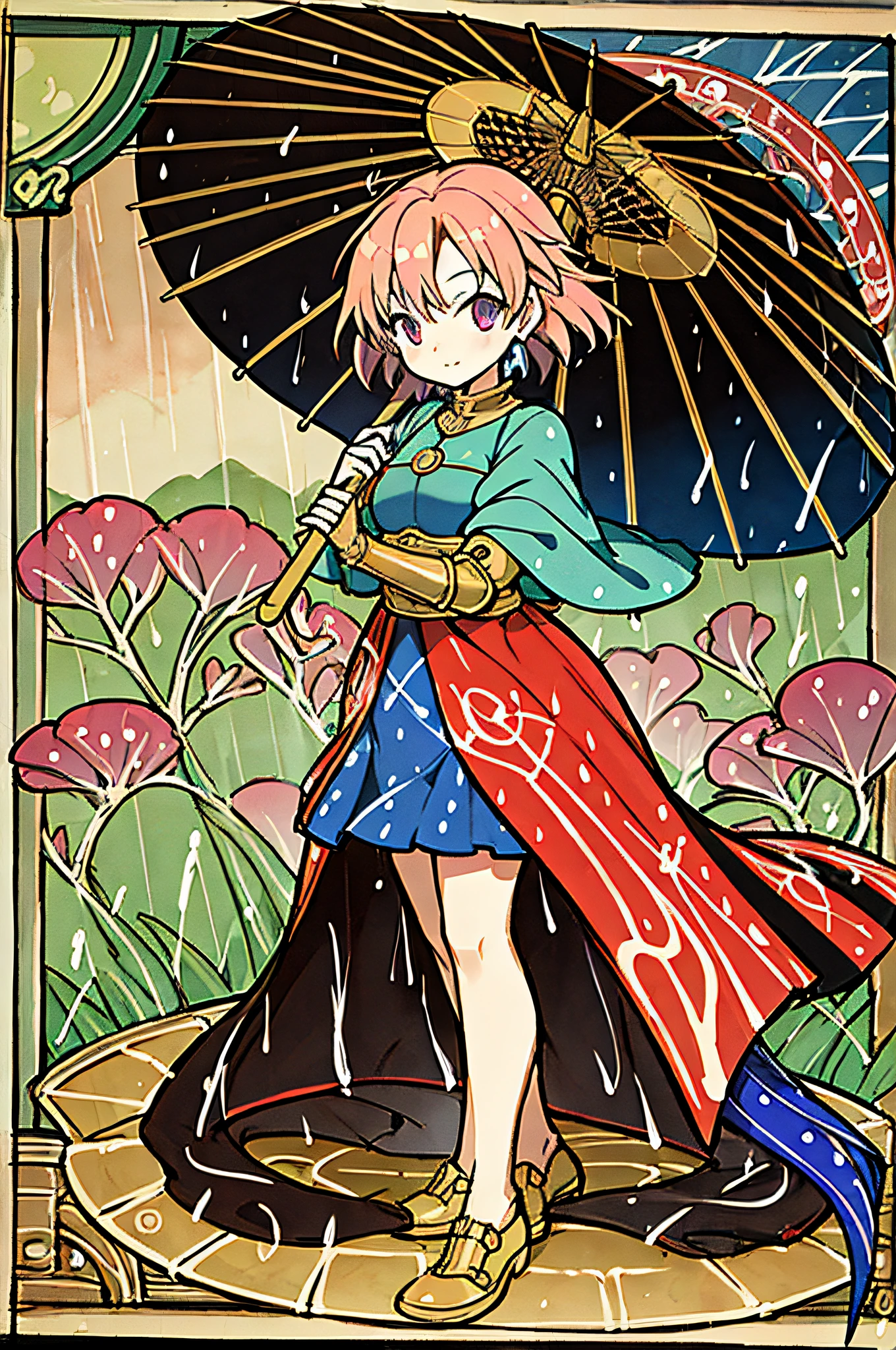 girl with umbrella, colorful, rain, y bestiary_style, masterpiece, best quality, solo, high detailed face, full body, deep blue, chrono trigger