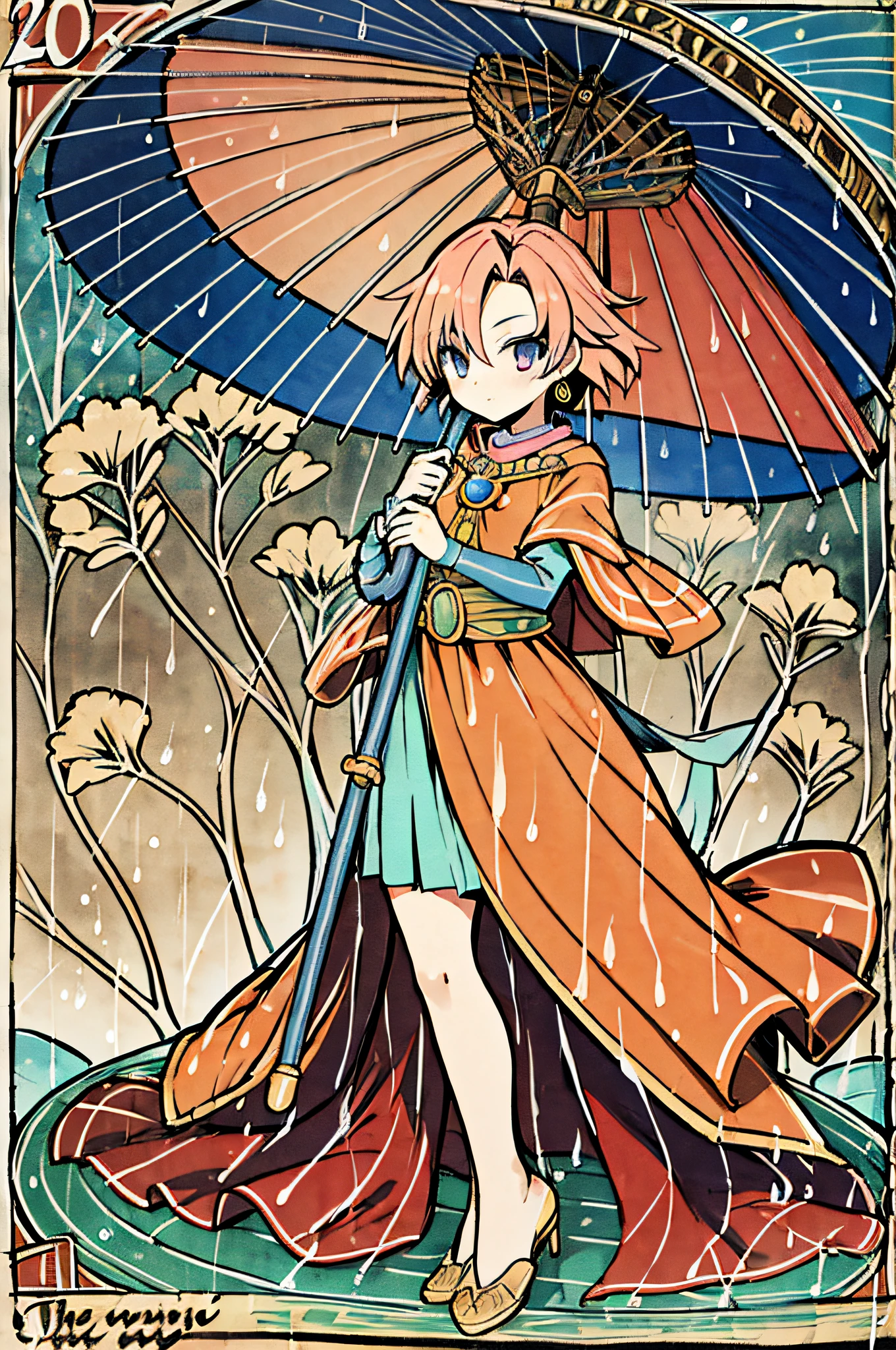 girl with umbrella, colorful, rain, y bestiary_style, masterpiece, best quality, solo, high detailed face, full body, deep blue, chrono trigger