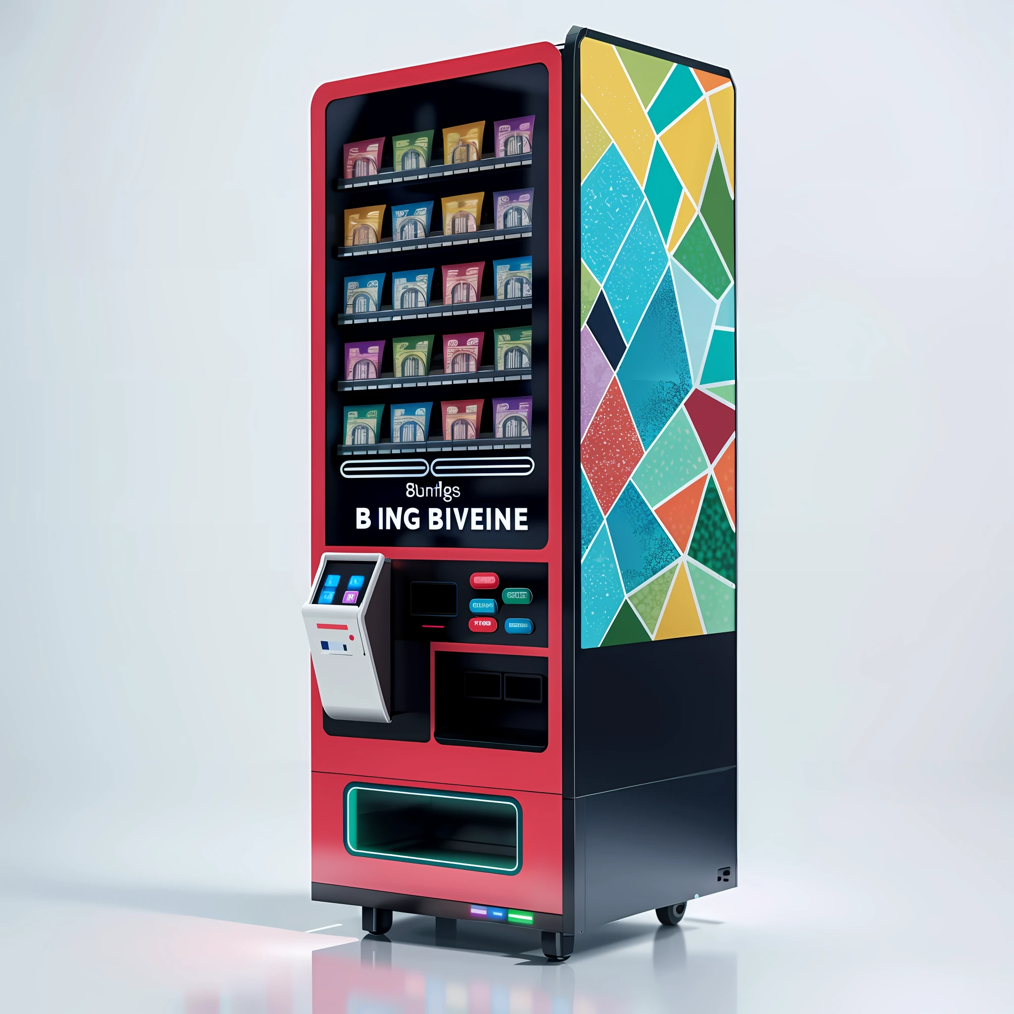 Blind box vending machine， The big black screen is the monitor，，In the lower left corner is a glass panel for picking，There is a figurative cartoon style on the fuselage，Rich in color，Cartoon stickers，In line with realism