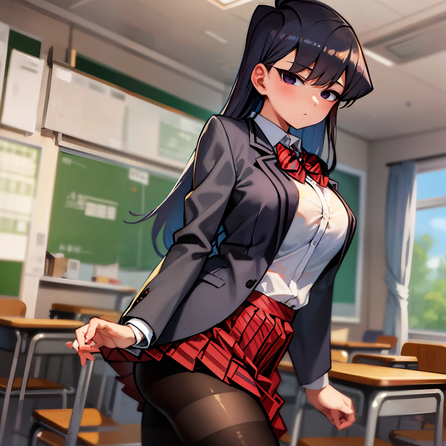 komiShouko, masterpiece, best quality, absurdres, 1girl, looking at viewer, standing, v arms, pantyhose, classroom, cowboy shot, school uniform, red skirt, red bow, blazer