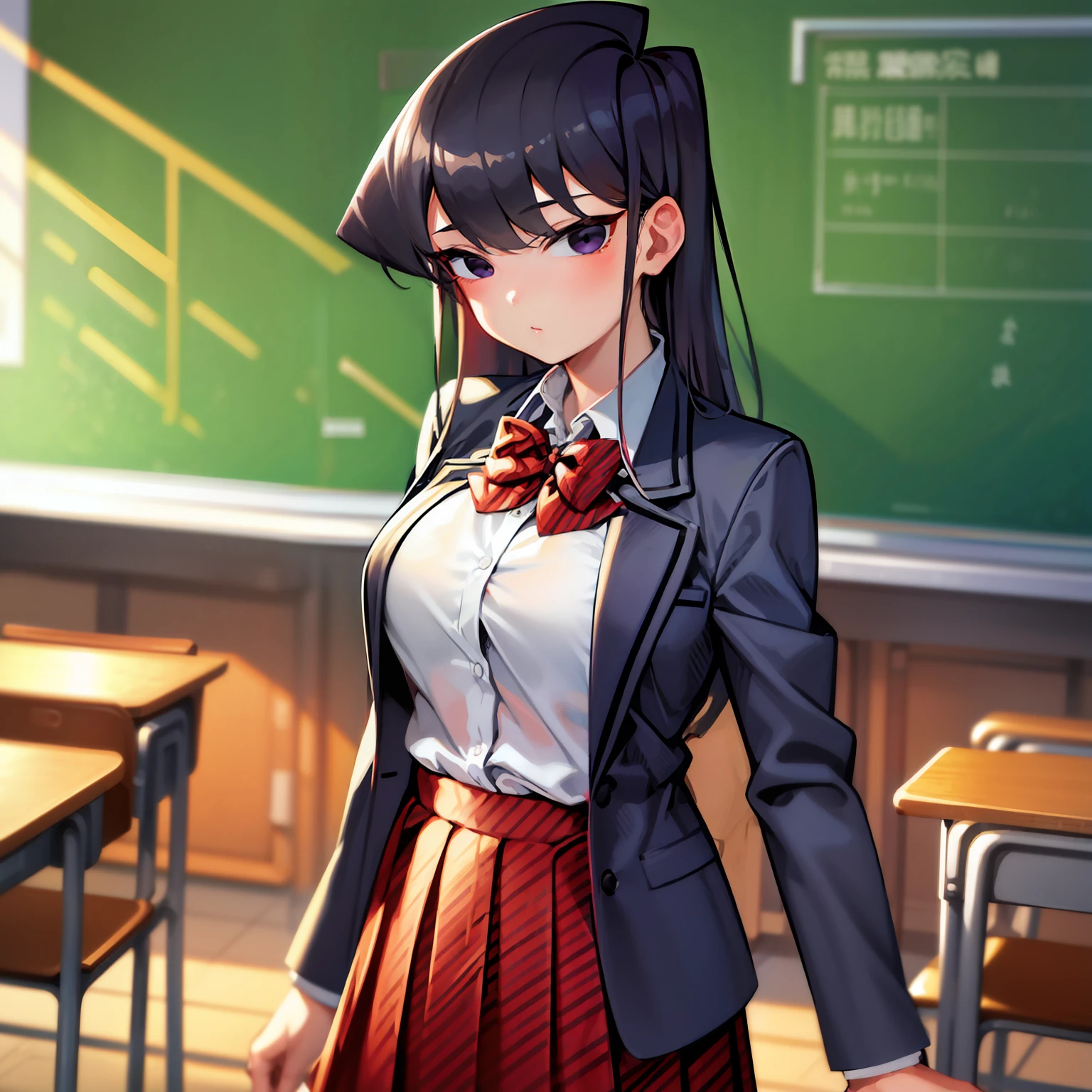 komiShouko, masterpiece, best quality, absurdres, 1girl, looking at viewer, standing, v arms, pantyhose, classroom, cowboy shot, school uniform, red skirt, red bow, blazer