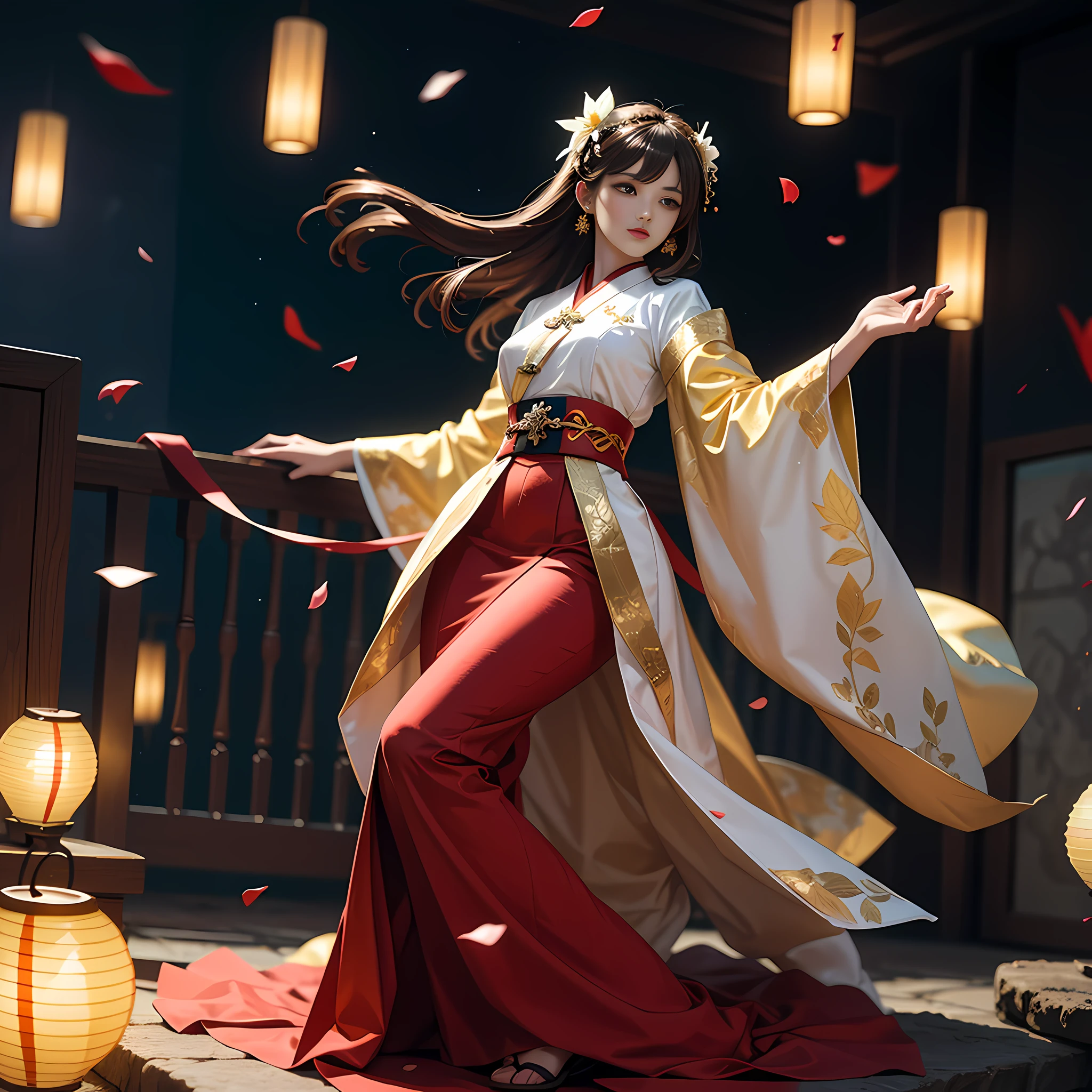 Need,tmasterpiece,A high resolution,(Delicate figure:1.5),Absolutely beautiful,(Milky skin:1.3),exquisitedetails,A high resolution,Wallpapers,1female,独奏,shift dresses,hair adornments,(((Golden and red dress)) ), florals, long whitr hair, A brown-haired, Keep one's mouth shut, trinkets, longer sleeves, Raise Hand, Wide sleeves, Big eyes, Fluttering, Hanfu, Hanfu, Embroidery, long skirt, natural poses, falling flower petals, inside in room,the night, Fanning,Lanterns,16k,hdr,A high resolution,depth of fields,(filmgrain:1.1),Bocoon,prime time,(lens flare glow),Vignette,rainbowing,(Color:1.5)