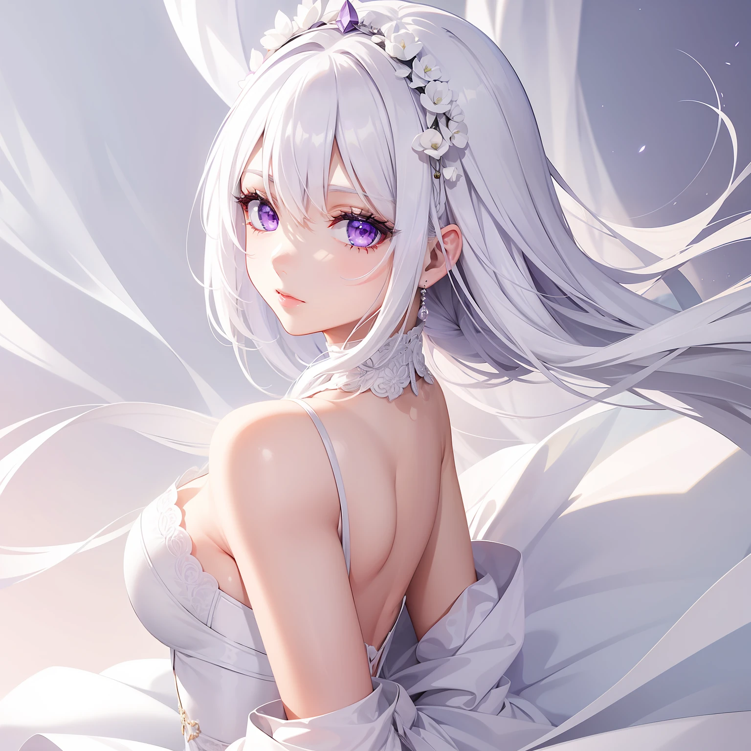 a women, white hair, purple eyes, white dress