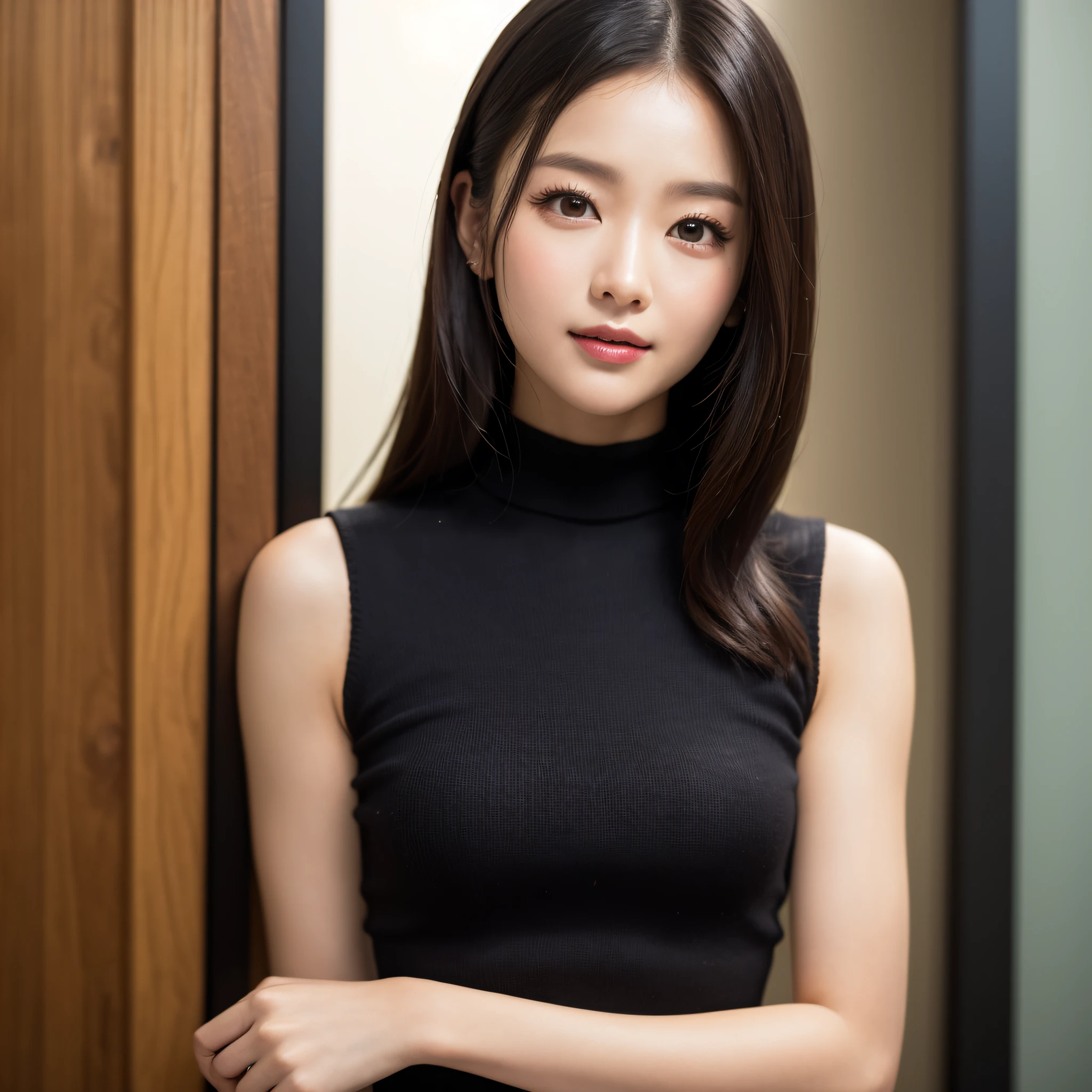 ((best qualtiy、8k masterpieces:1.3))、foco nítido:1.2、(ultra beautiful faces:1.0)、(shinny skin:1.0)、photos realistic、A dark-haired、Video Lighting、High-definition eyes and face、Video Lighting、(Korean Cute Actress)、from the front side、medium large breasts、ssmile、Sleeveless、Slender Abs Beauty、Wearing a tar neck knit