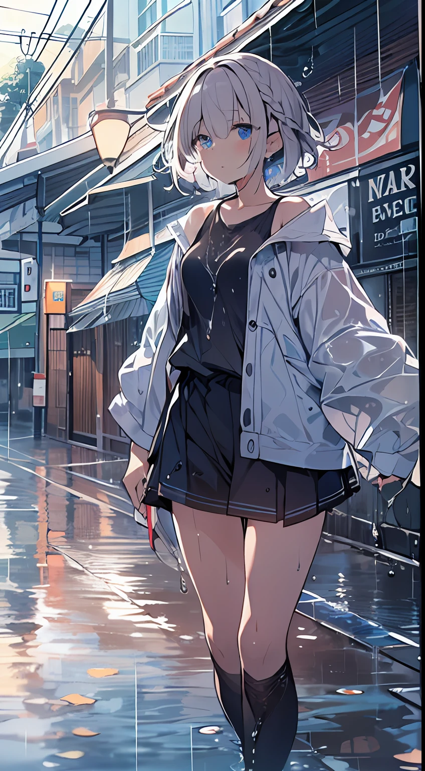 masutepiece, Best Quality,Illustration, Wallpaper, Ultra Detail, absurderes, 1girl in, Solo, (Medium short hair、short braided hair), Beautiful detailed eyes, rainfall、water dripping、wetting hair , Wet clothes, (Street:1.3), Cloudy sky、Hair that flutters in the wind、kirakira