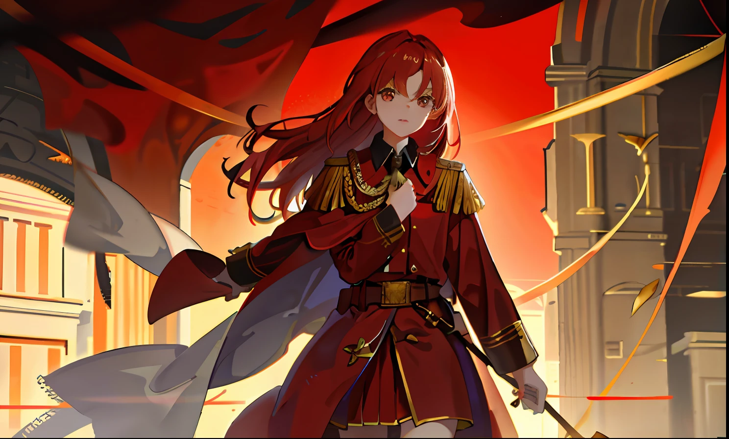 1girll, flag of Soviet Union，red tinted hair ，Golden eyes，Red Army robes，Gold accents，divino，gold light，Domineering，One hand crosses the waist