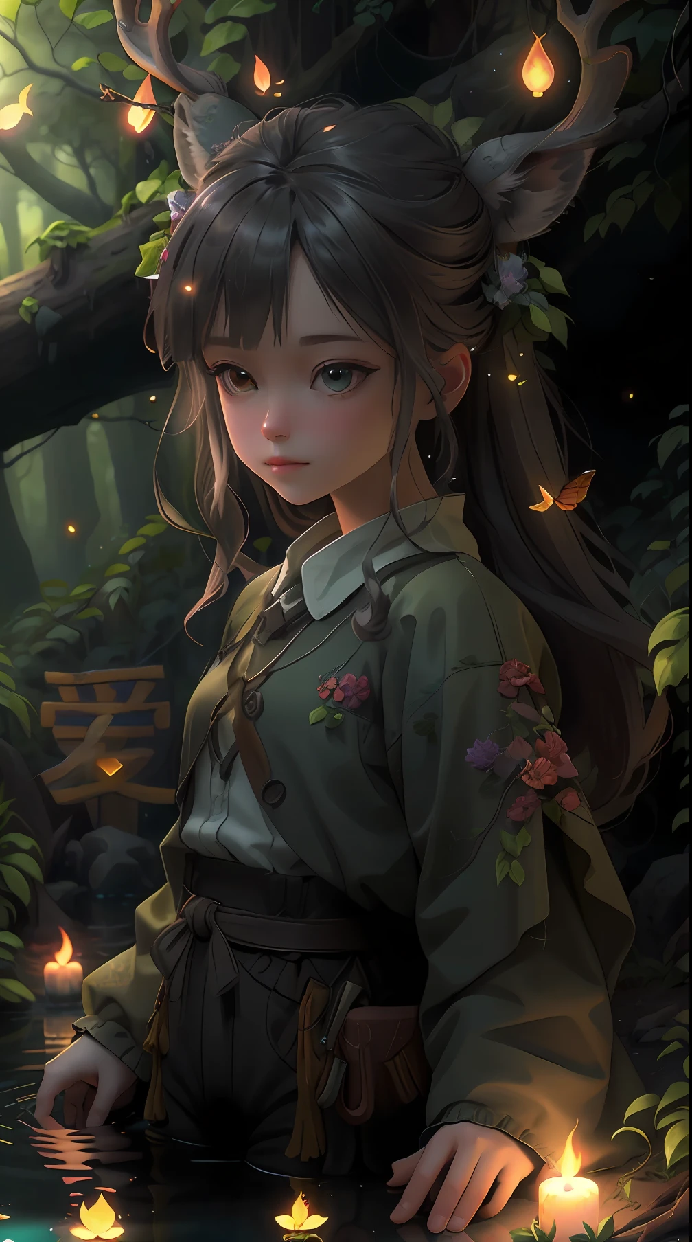 Masterpiece, best quality, (very detailed CG unity 8k wallpaper), (best quality), (best illustration), (best shadows), glow sprite, with a glowing deer, in the swimming pool Drinking water, natural elements in the forest theme. Mysterious forest, beautiful forest, nature, surrounded by flowers, delicate leaves and branches surrounded by fireflies (natural elements), (jungle theme), (leaves), (twigs), (fireflies), (particle effects) etc. 3D , Octane rendering, ray tracing, super detailed