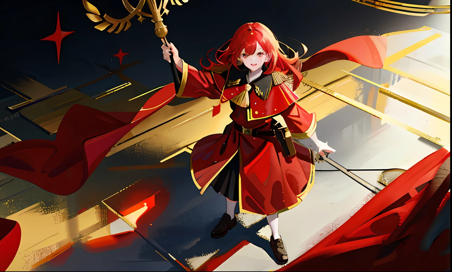 1girll, flag of Soviet Union,red tinted hair ,Golden eyes,Red Army robes,Gold accents,divino,gold light,Domineering,One hand crosses the waist