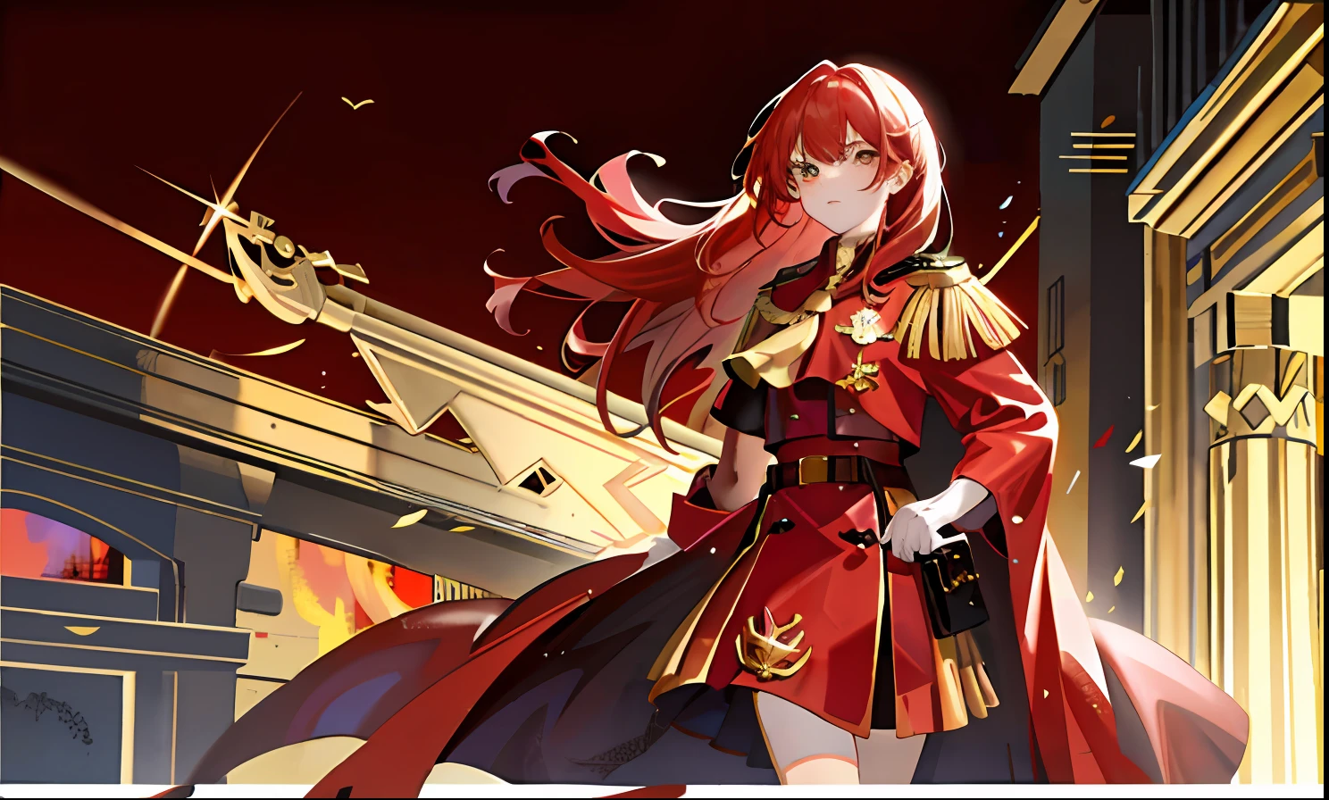 1girll, flag of Soviet Union，red tinted hair ，Golden eyes，Red Army robes，Gold accents，divino，gold light，Domineering，One hand crosses the waist