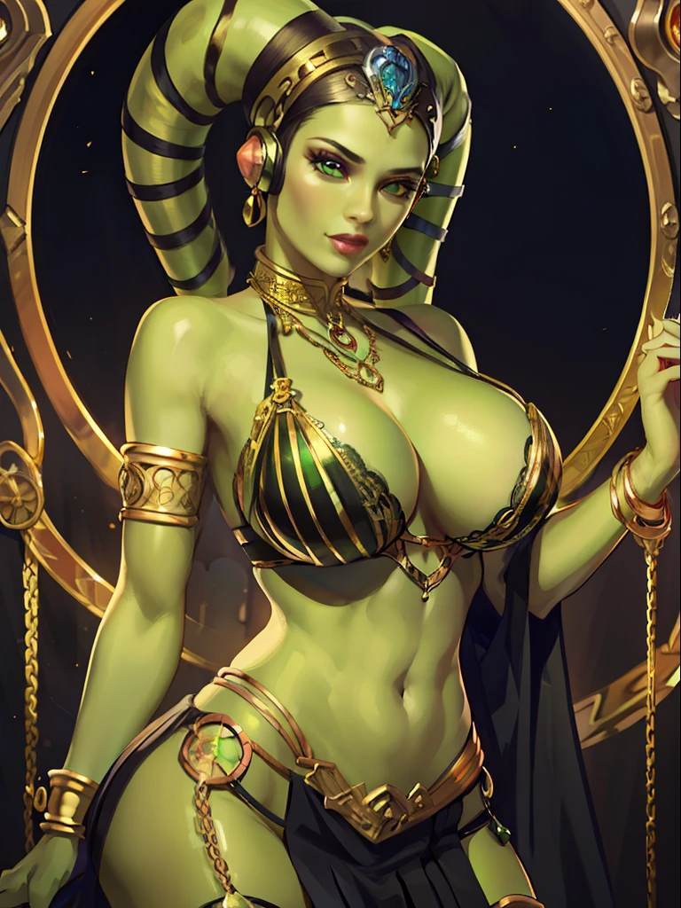 (best quality, masterpiece, highly detailed), 1girl, (green skin), sexy busty Twi'lek, large breasts, cleavage, gold and black bikini, gold, ornate metal bra, metal lace, gemstones, jewelry, long skirts, armlets, pelvic curtain, Star Wars, lekku stripes