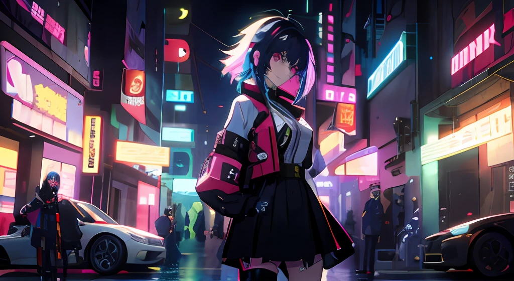 Short skirt anime girl standing in the city at night, Digital cyberpunk anime art, style of anime4 K, cyberpunk anime girl, anime cyberpunk art, cyberpunk anime art, digitl cyberpunk - anime art, Anime style. 8K, Cyberpunk vibe, female cyberpunk anime girl, Cyberpunk art style, Anime art wallpaper 8 K, at cyberpunk city, Anime wallpaper 4K