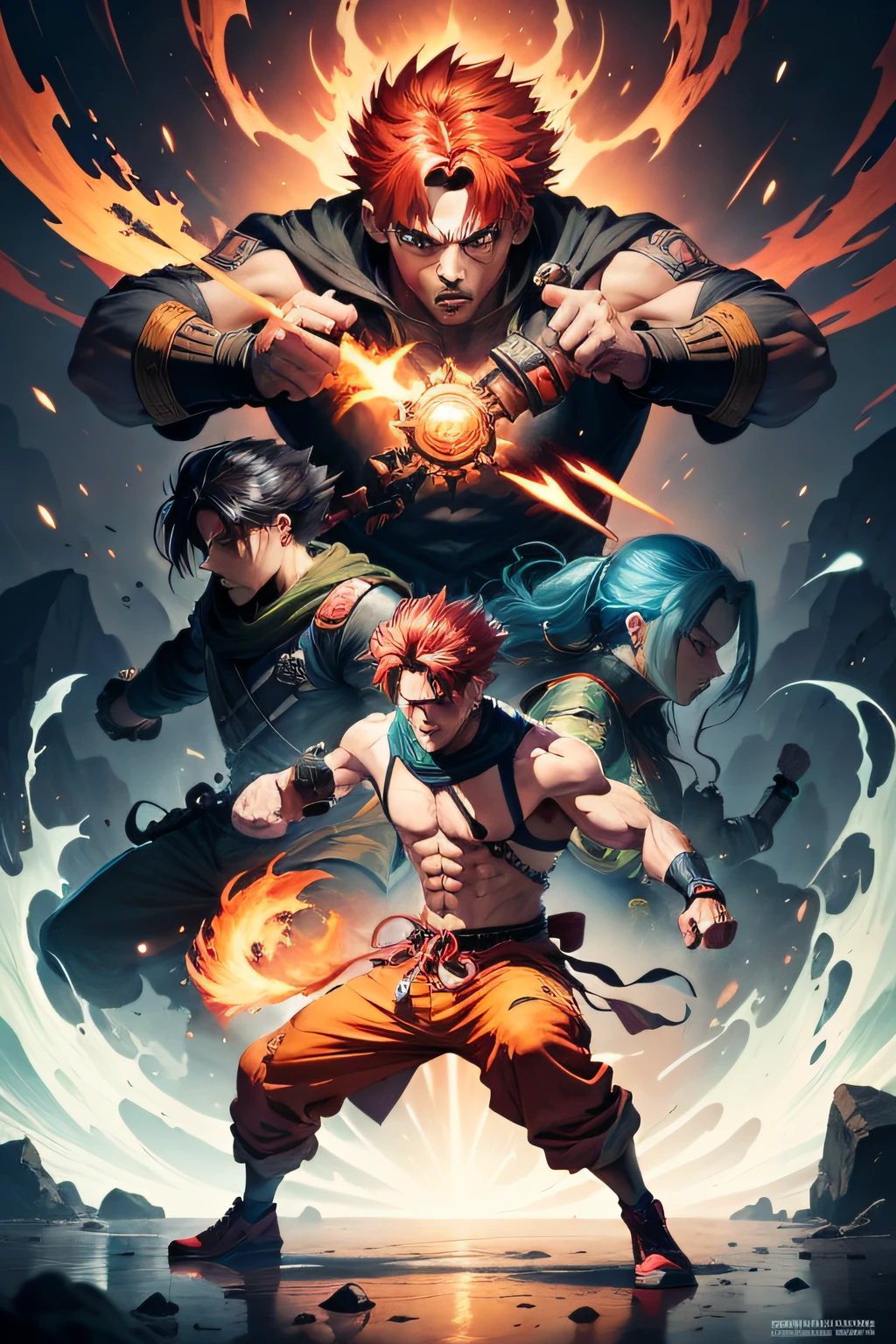 Steadfast，bravery，powerful，enthusiasm，gallant，The illustrations are dynamic and bright colors，Inspired by a hot-blooded shōnen manga illustrator，Digital illustration with manga style，Vivid and intense colors，Convey the fiery spirit of the protagonist，Energetic and combative，A full-body movement pose that shows the protagonist's determination and strength