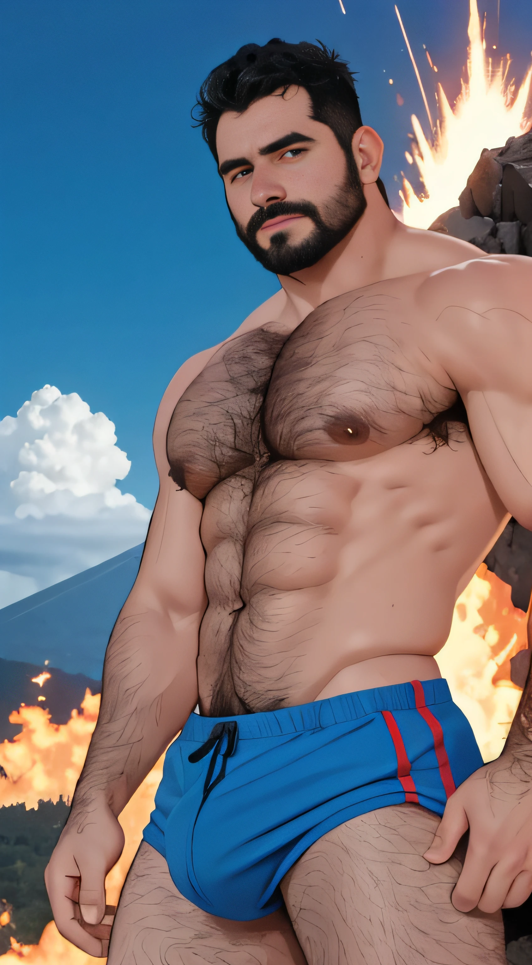 barbado, Shirtless man standing in front of a mountain, Super buff y cool, pecho peludo y cuerpo peludo, pecho peludo, Pelo en el pecho, 30 years old man :: atletic, pecho peludo desnudo, vello escaso en el pecho, cuerpos peludos, torso peludo parcialmente masculino, inspired by Captain America, with an erupting volcano and fire
