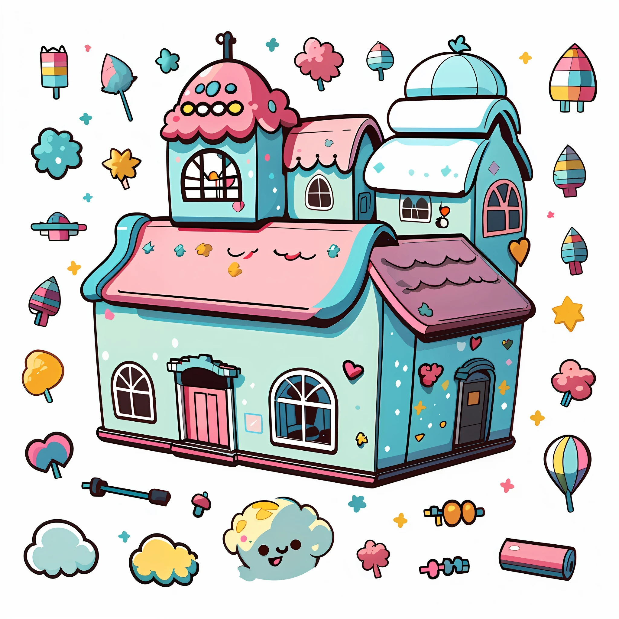1 sticker, sticker, (candy house), white background, no background, simple background, minimal, cute, tiny, pastel color, vector style, no gradient,