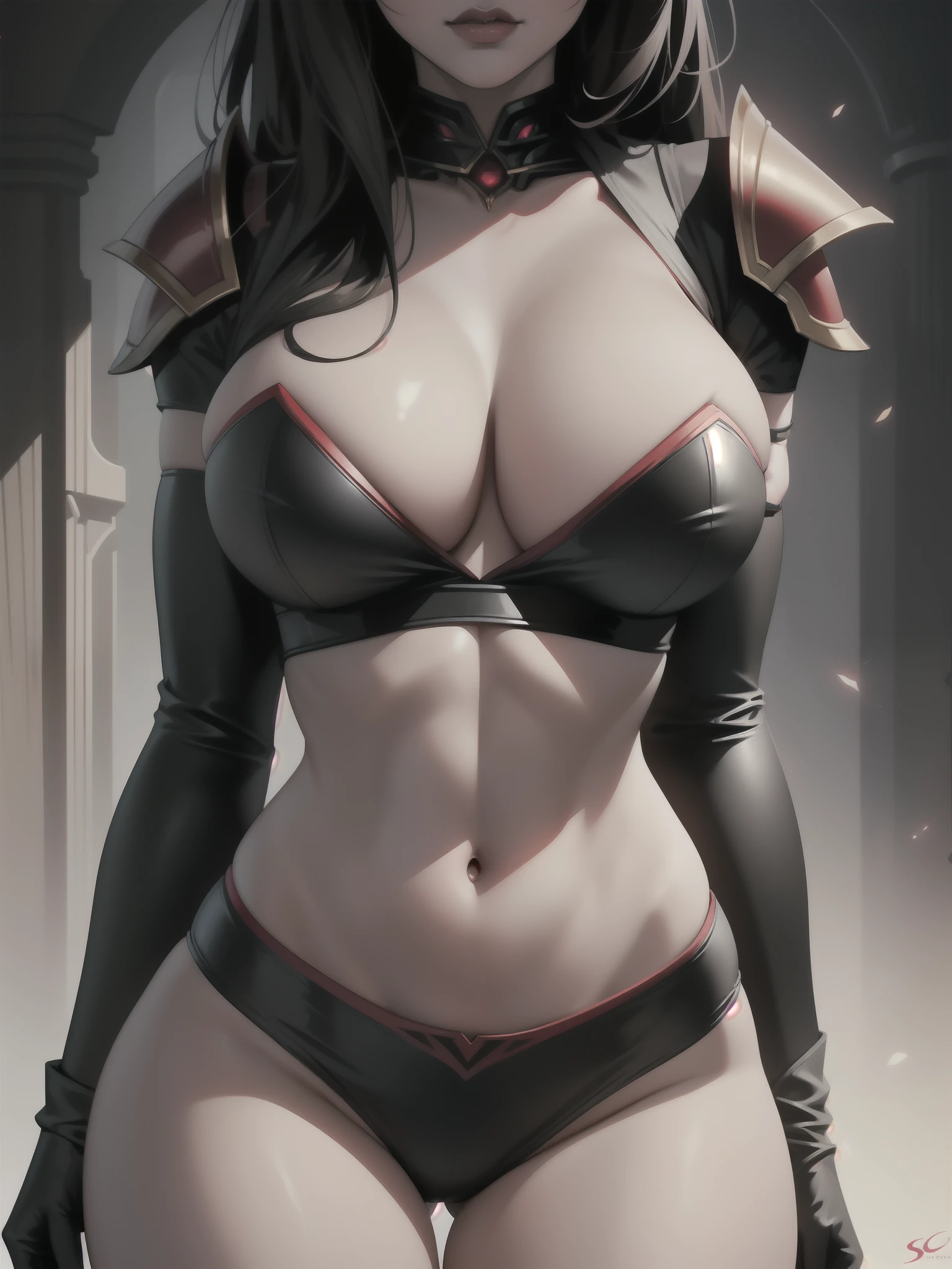 Portrait, Masterpiece, Excellent, 1girl, solo, complex details, color diffusion, close-up, pale female, athletic female, Succubus, thighs, hips, black hair, dark hair, red eyes, sensual attire, sexy armor, epic, rogue, demon princess, Sci-Fi, Fantasy