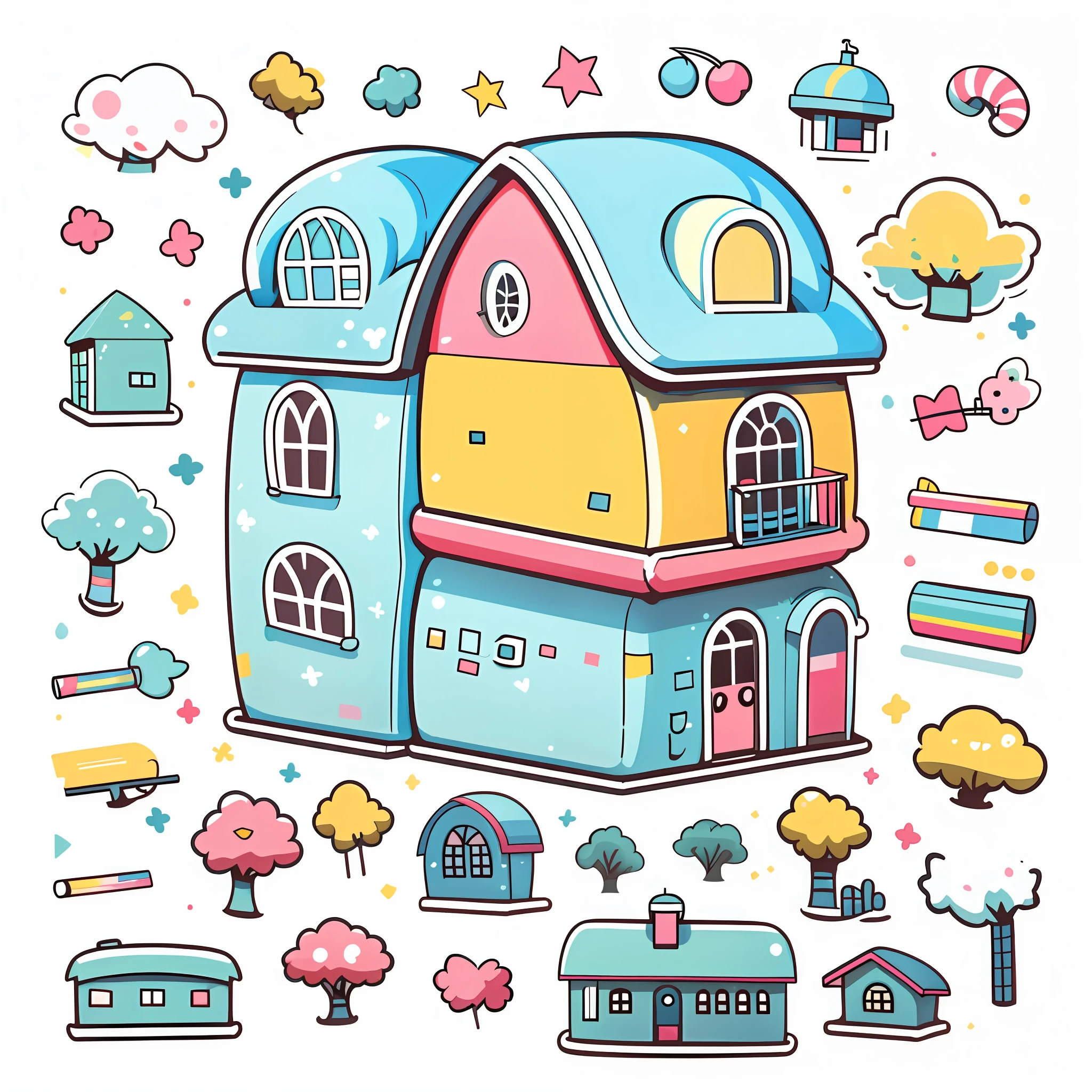 1 sticker, sticker, (candy house), white background, no background, simple background, minimal, cute, tiny, pastel color, vector style, no gradient,