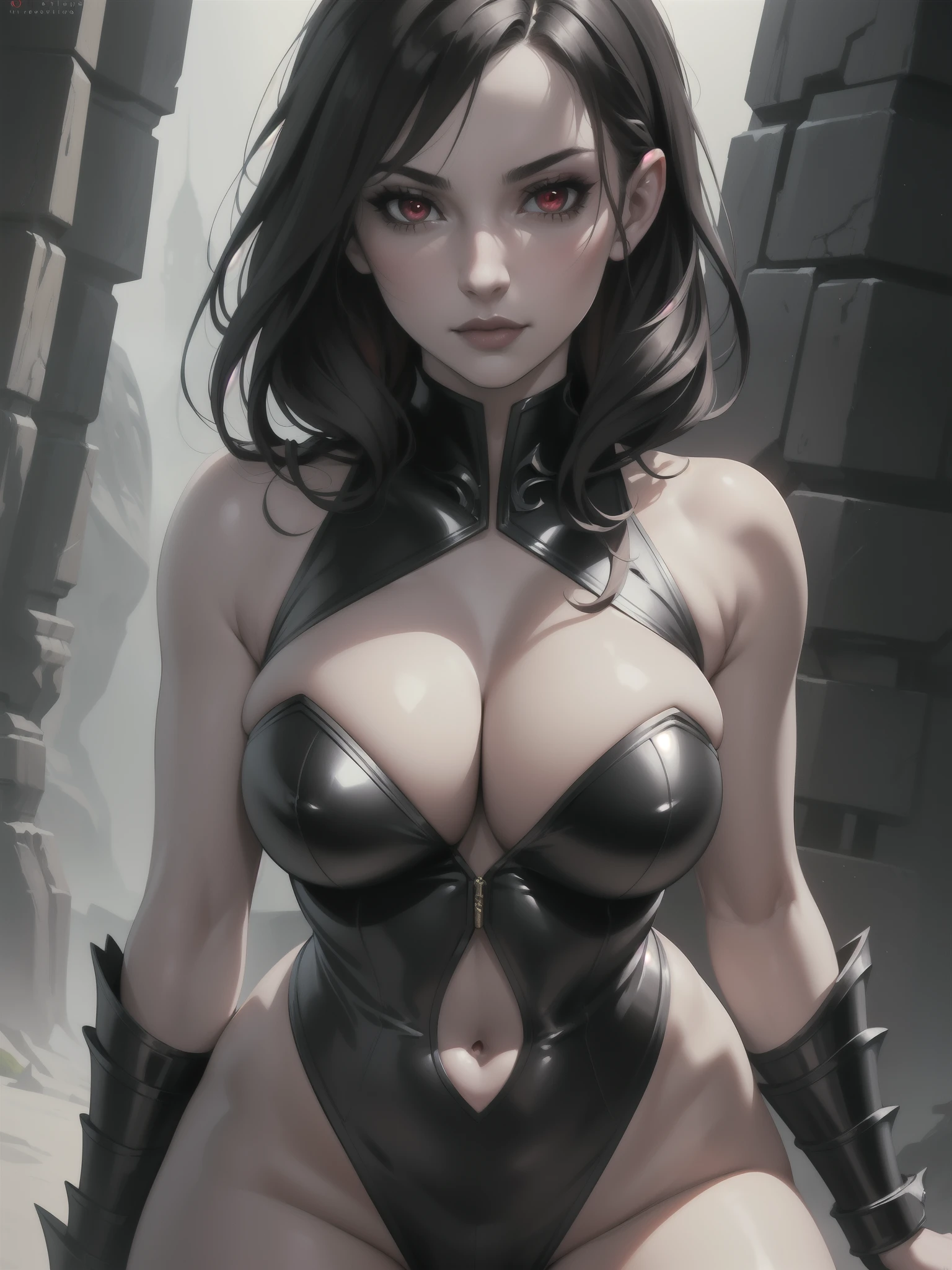 Portrait, Masterpiece, Excellent, 1girl, solo, complex details, color diffusion, close-up, pale female, athletic female, Succubus, thighs, hips, black hair, dark hair, red eyes, sensual attire, sexy armor, epic, rogue, demon princess, Sci-Fi, Fantasy