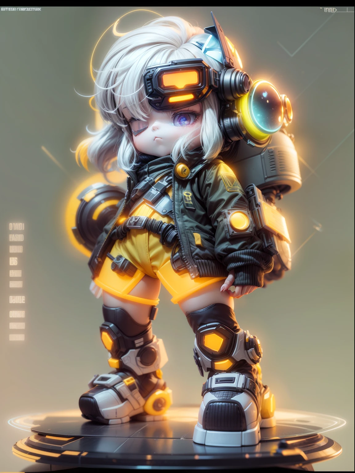 "(Blind box toy style:1.2),(Full body shot),Transparent and cute engineer,Exquisite facial armor：1.2，Delicate goggles：1.2，cyber punk perssonage,dreamy glow,Dirty,yellow backdrop,neon style,circular base,(Global illumination,Ray traching,hdr,unreal render,reasonable design,high detal,Masterpiece,Best quality,hyper HD,Cinematic lighting)"