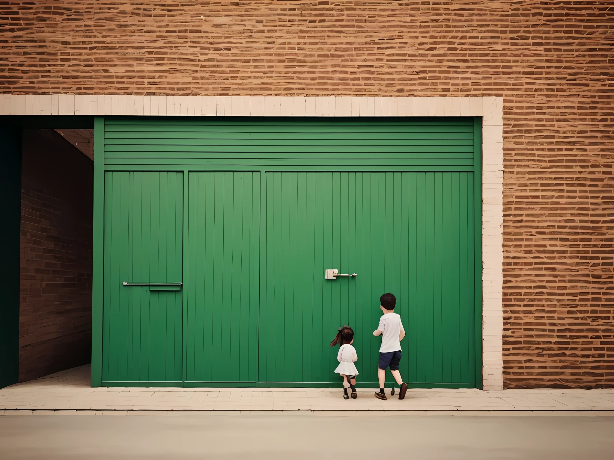 Hyper tealist image of massive brick wall, com abertura no veio, possibilitando enxergar o outro lado, as a kind of frame, where there are children playing in green area, on a sunny morning, estilo animado com muitas cores.