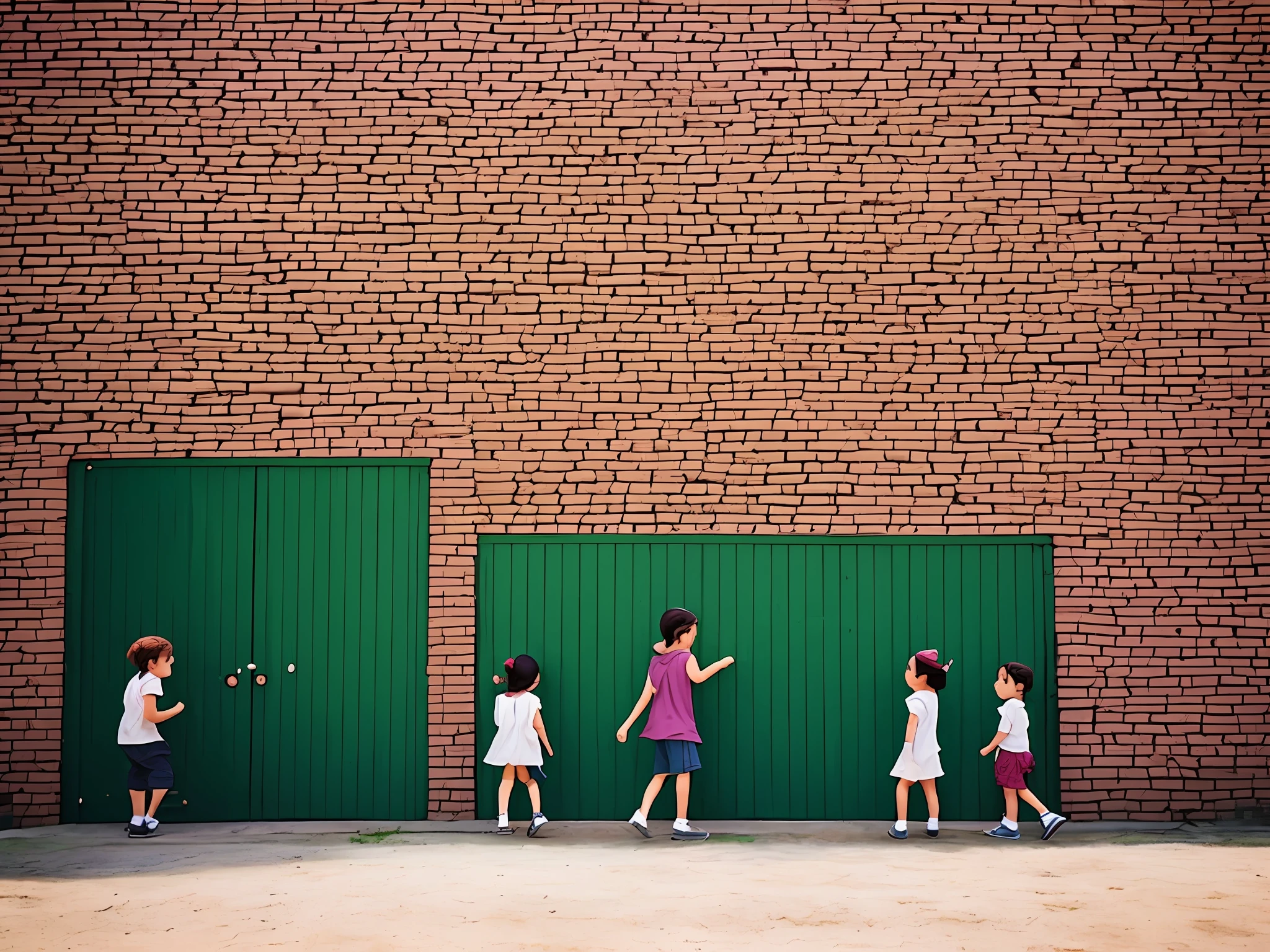 Hyper tealist image of massive brick wall, com abertura no veio, possibilitando enxergar o outro lado, as a kind of frame, where there are children playing in green area, on a sunny morning, estilo animado com muitas cores.