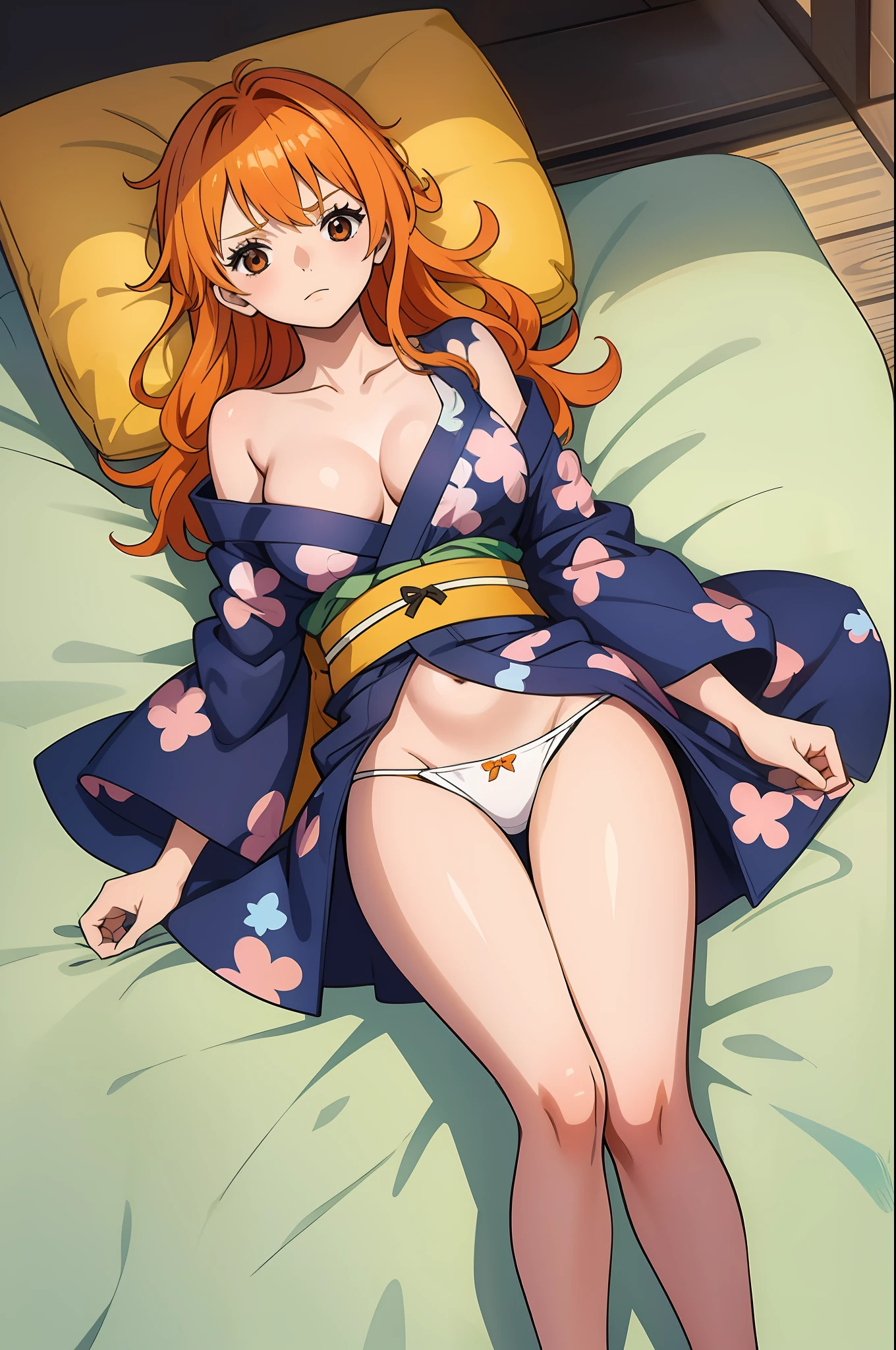 、Cute girl with orange hair, fish pattern Yukata, slit, cleavage, pantie,
girl, cute, age, medium breasts, leg up ,
lying in futon, deep shadow, from above,
absurd-resolution, ultra-detailed, best quality, steam, humid,